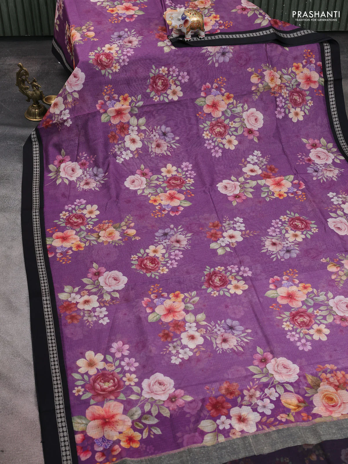 Kota silk cotton saree purple and black with allover floral digital prints and thread woven border - Image 2