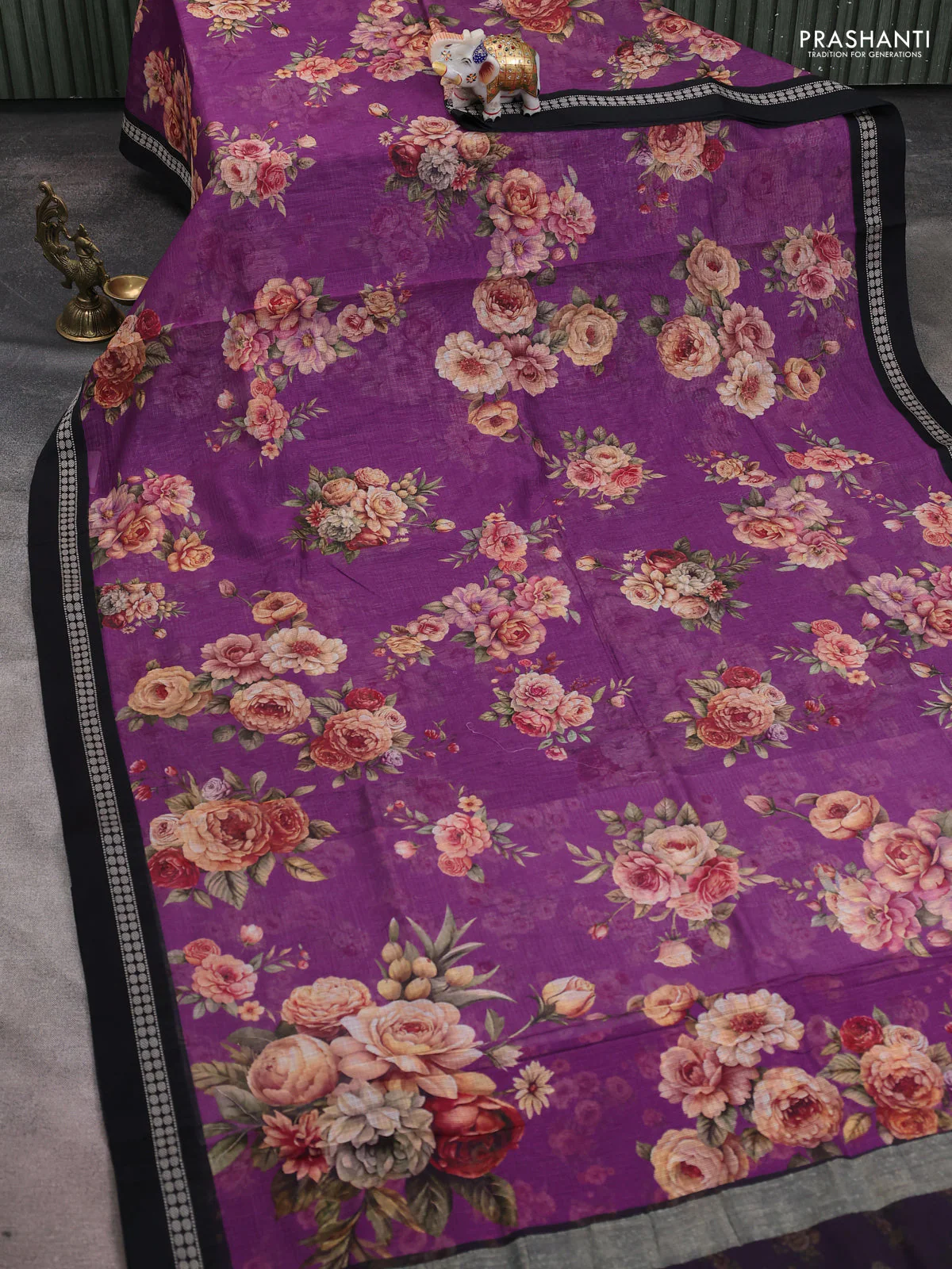Kota silk cotton saree purple and black with allover floral digital prints and thread woven border - Image 2