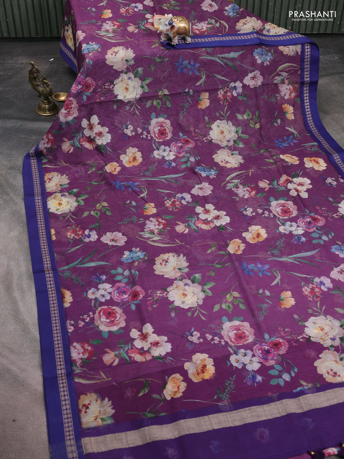Kota silk cotton saree purple and blue with allover floral digital prints and thread woven border - Image 2