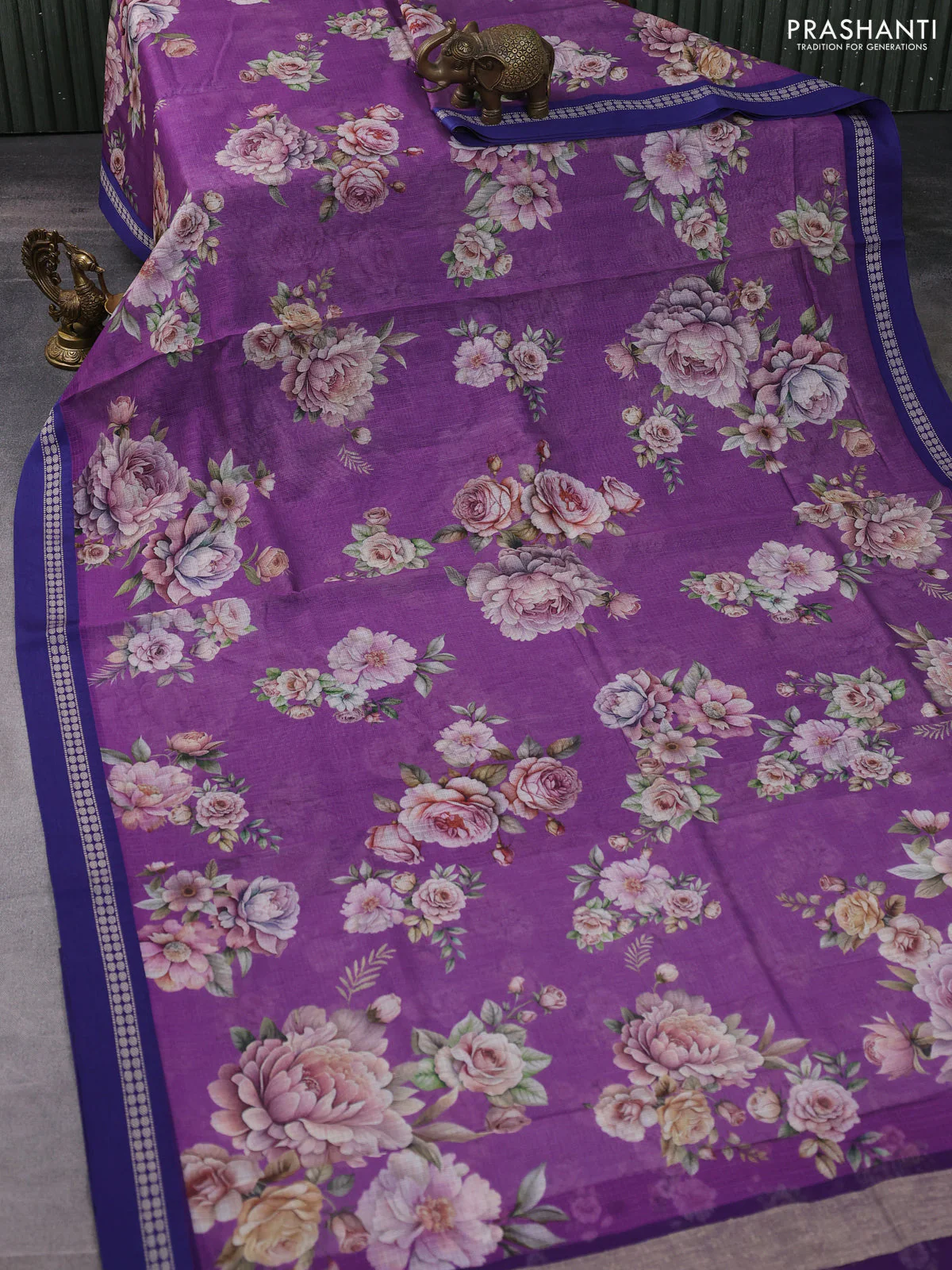 Kota silk cotton saree purple and blue with allover floral digital prints and thread woven border - Image 2
