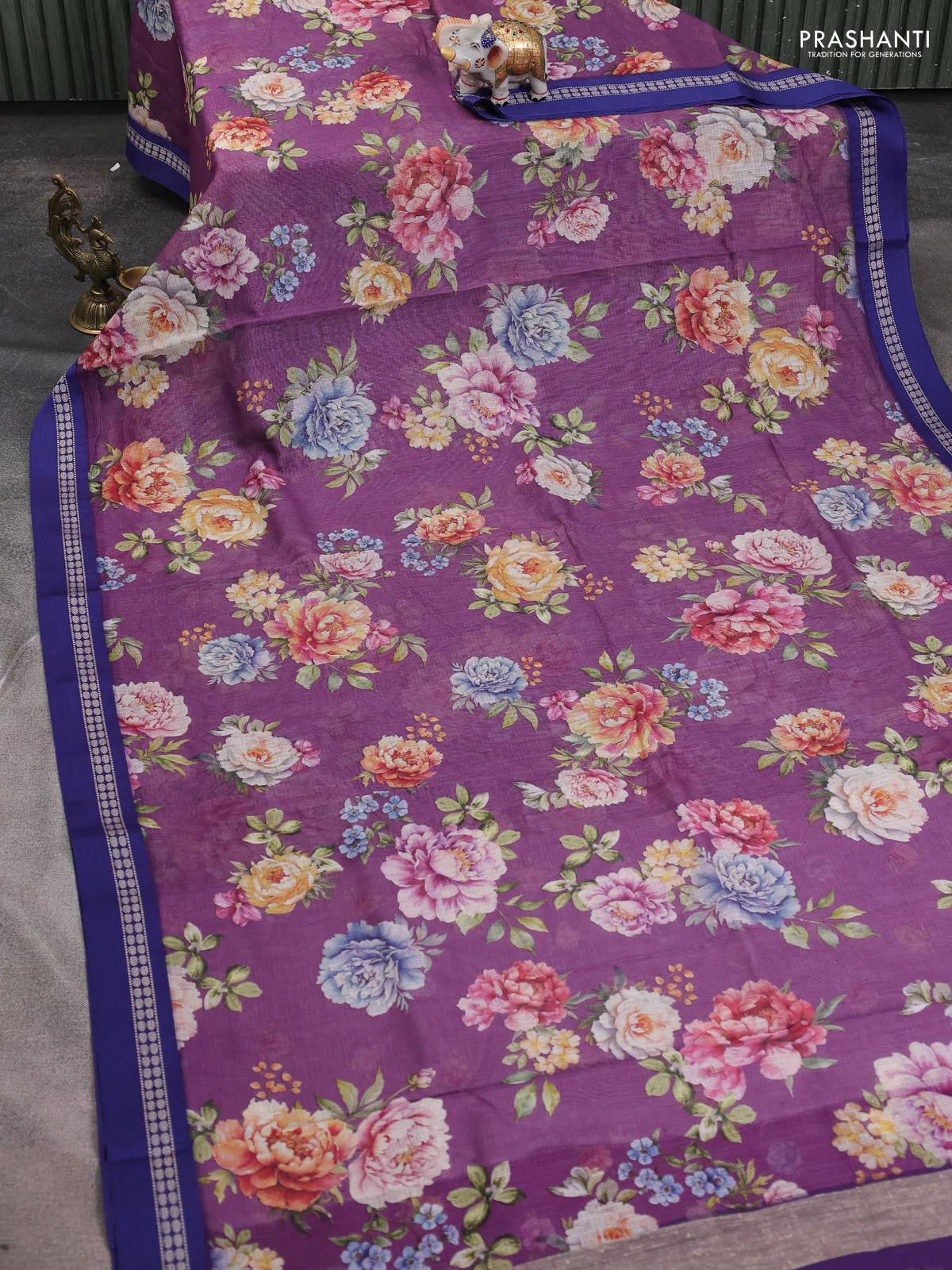 Kota silk cotton saree purple and blue with allover floral digital prints and thread woven border - Image 2