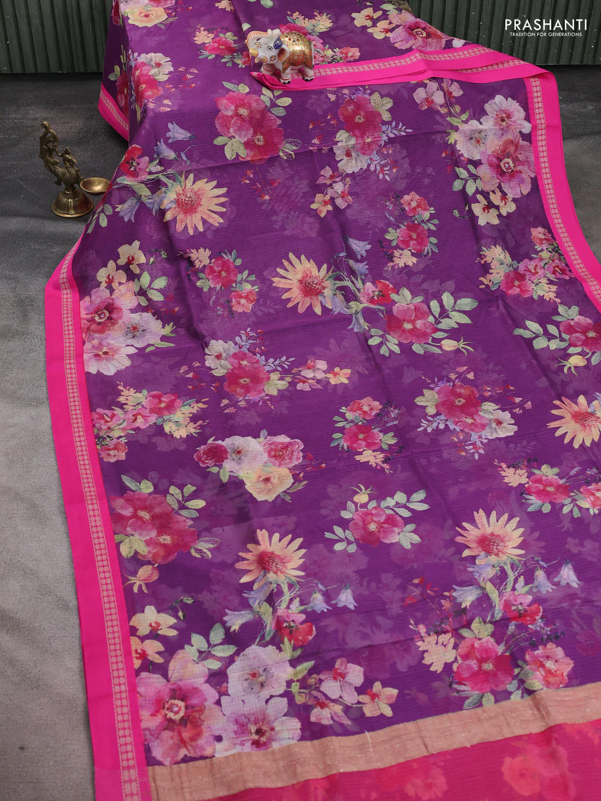 Kota silk cotton saree purple and pink with allover floral digital prints and thread woven border - Image 2