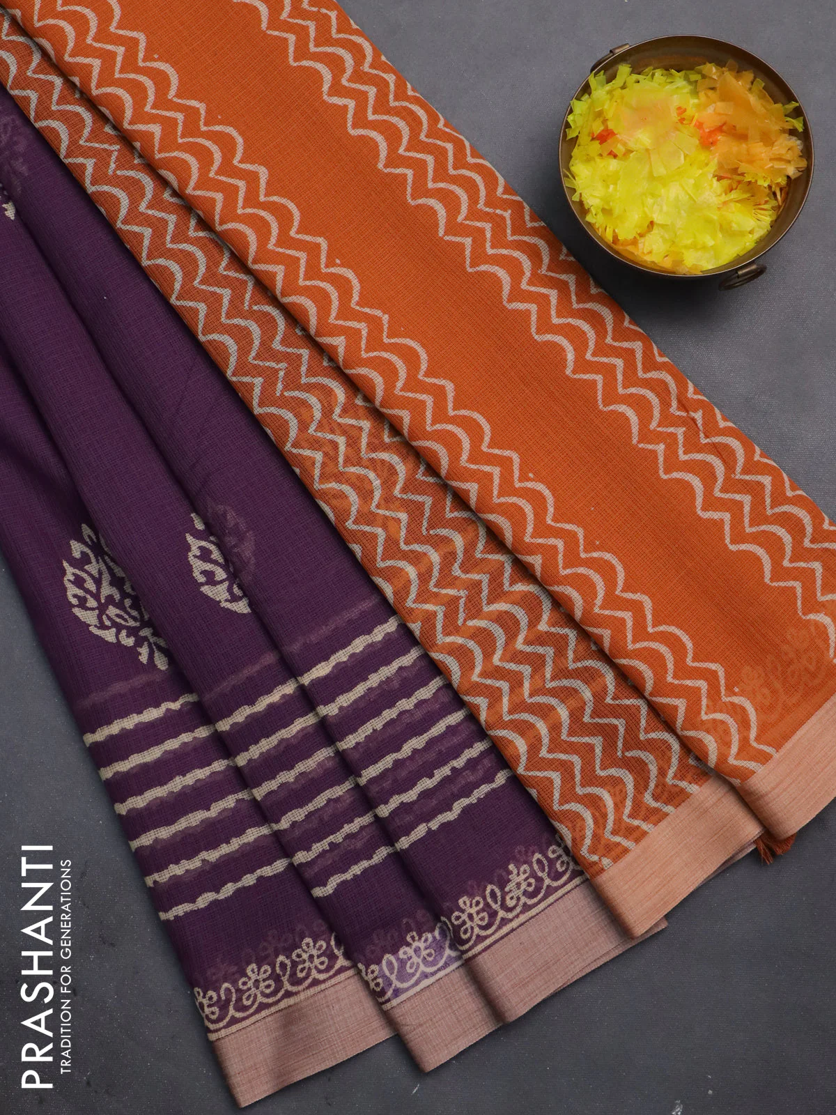 Kota silk cotton saree purple and rust shade with butta block prints and block printed border