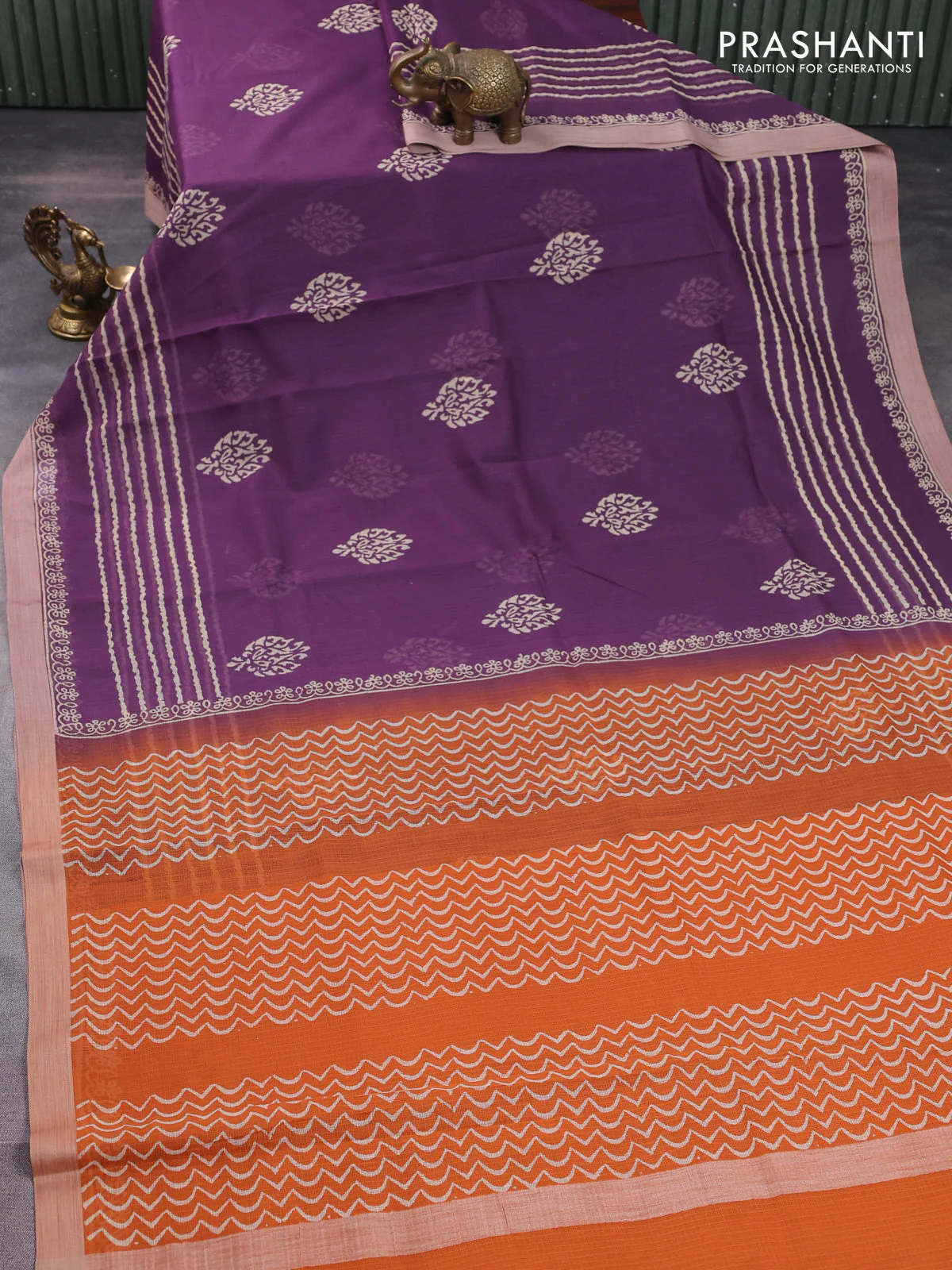 Kota silk cotton saree purple and rust shade with butta block prints and block printed border - Image 2