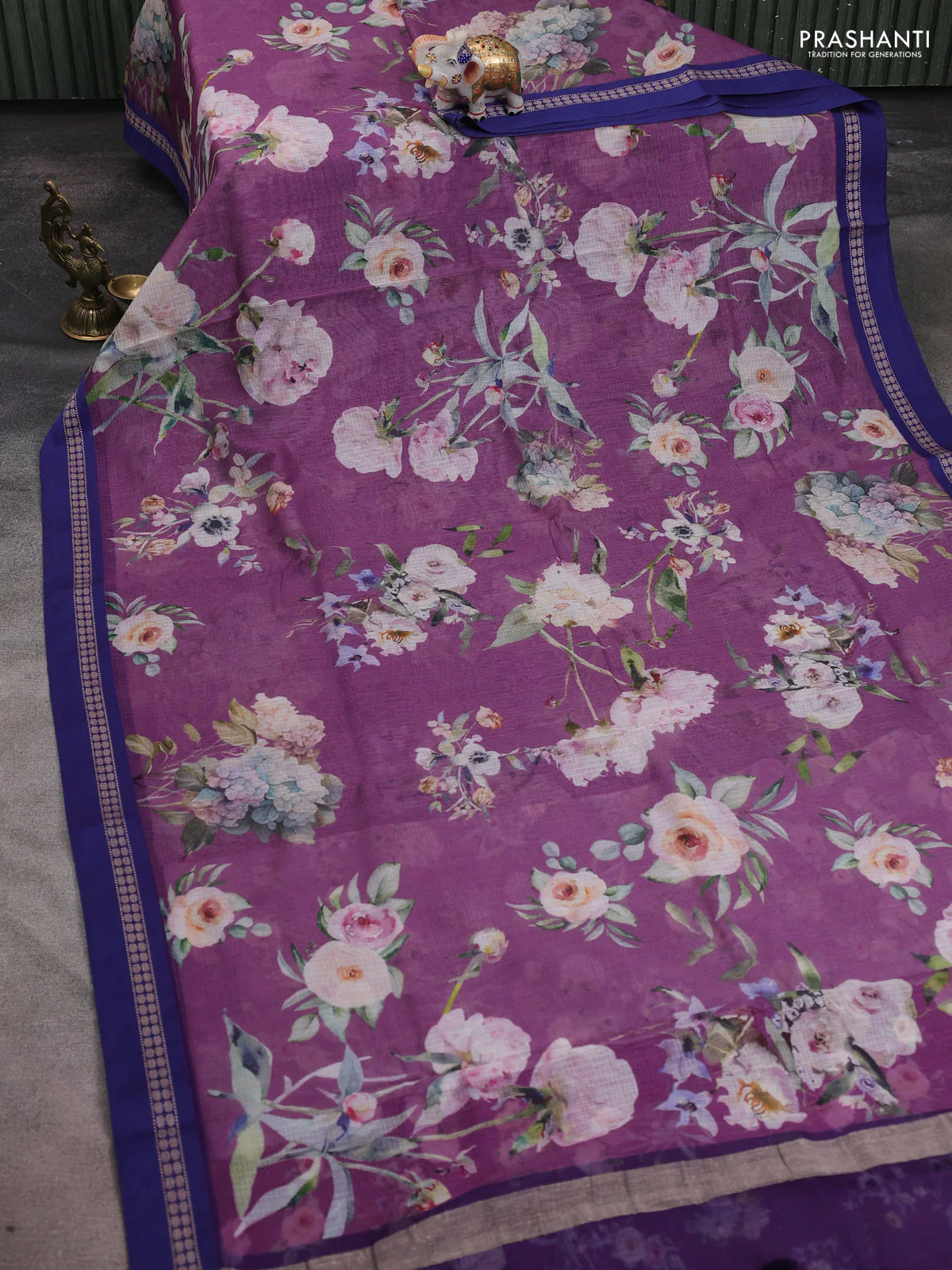 Kota silk cotton saree purple shade and blue with allover floral digital prints and thread woven border - Image 2