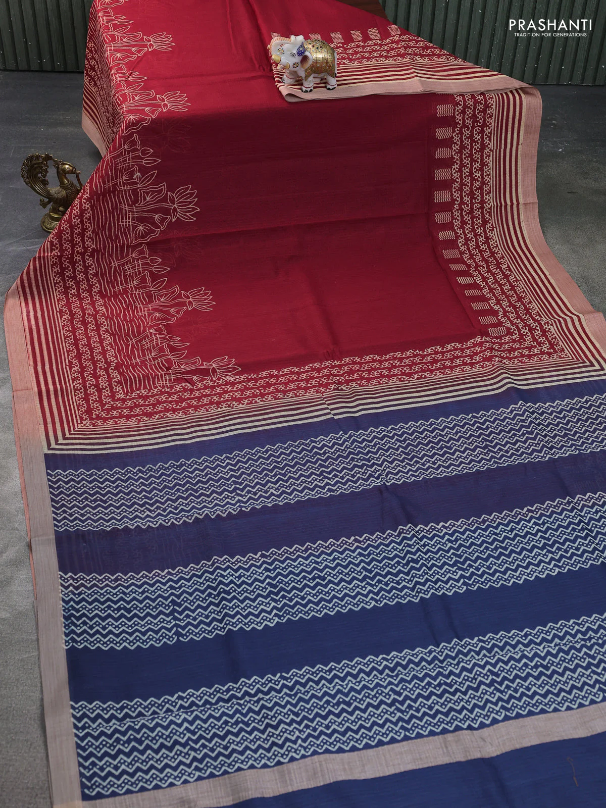 Kota silk cotton saree red and navy blue with allover block prints and simple border - Image 2