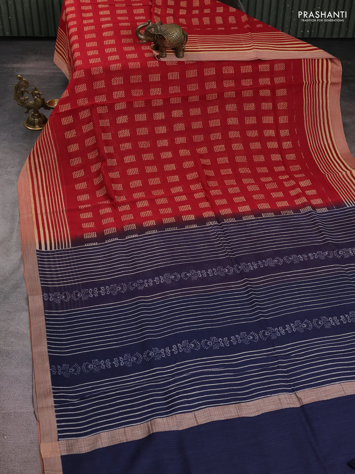 Kota silk cotton saree red and navy blue with allover block prints and simple border - Image 2