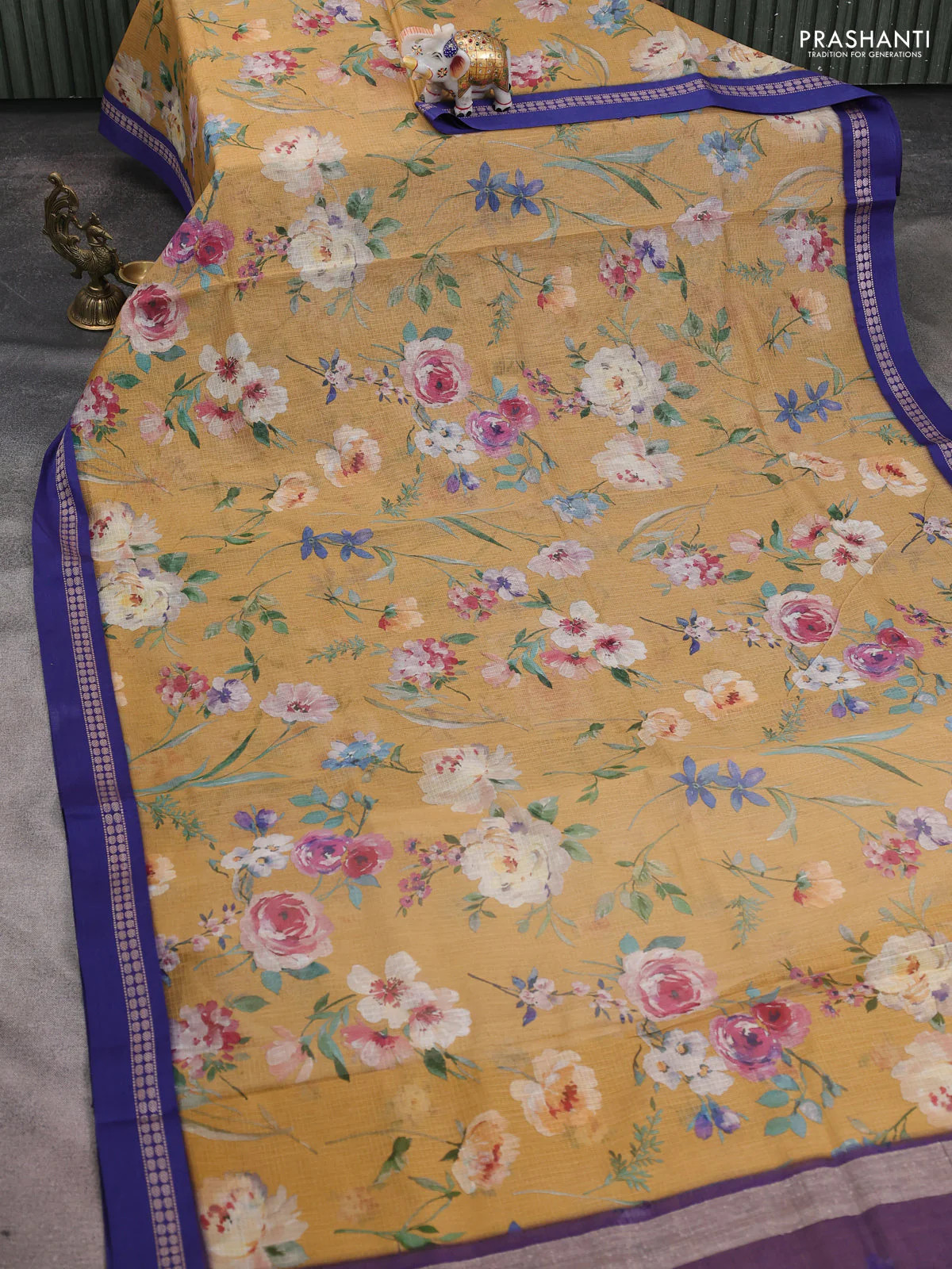 Kota silk cotton saree sandal and blue with allover floral digital prints and thread woven border - Image 2