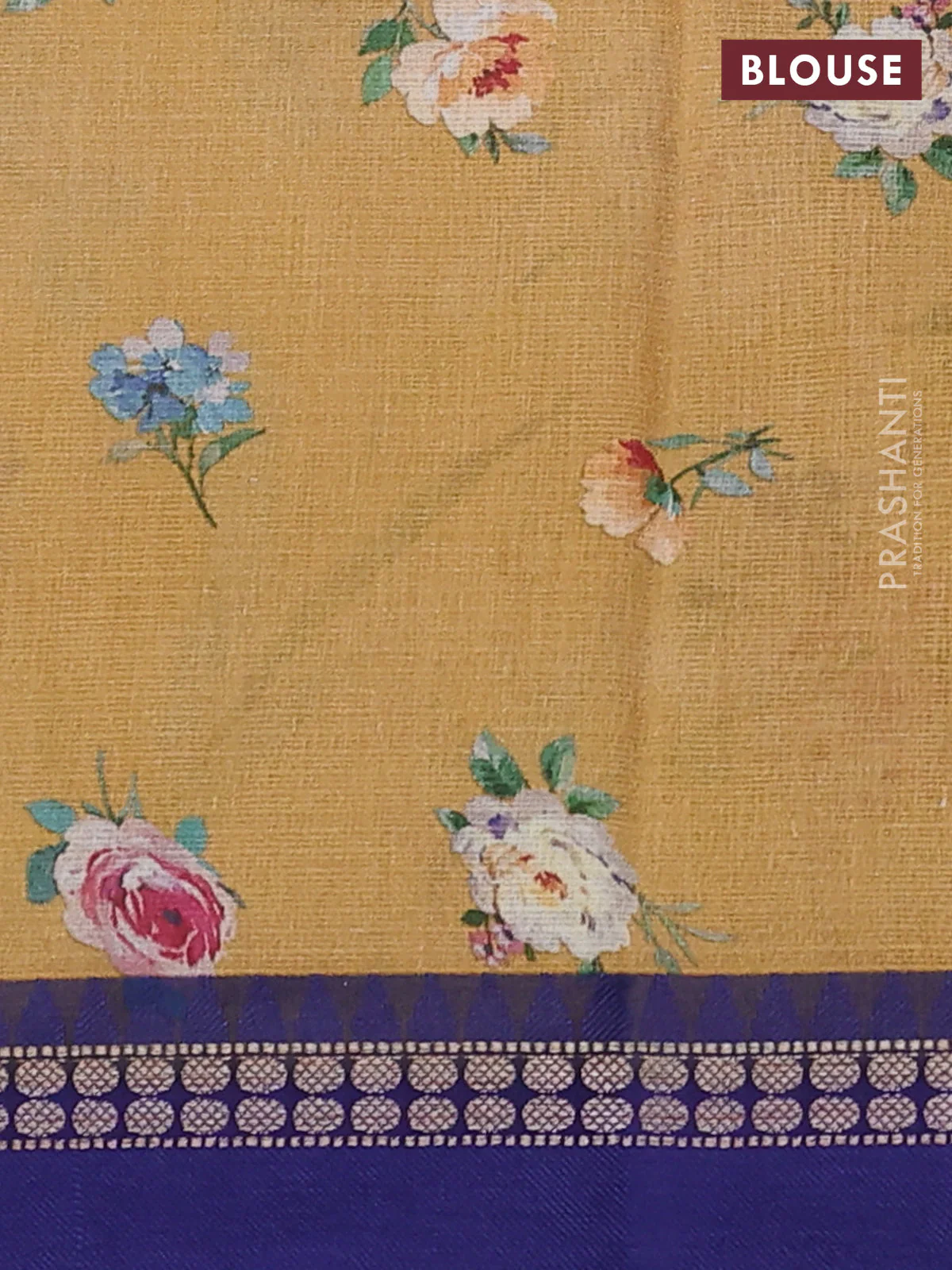 Kota silk cotton saree sandal and blue with allover floral digital prints and thread woven border - Image 3