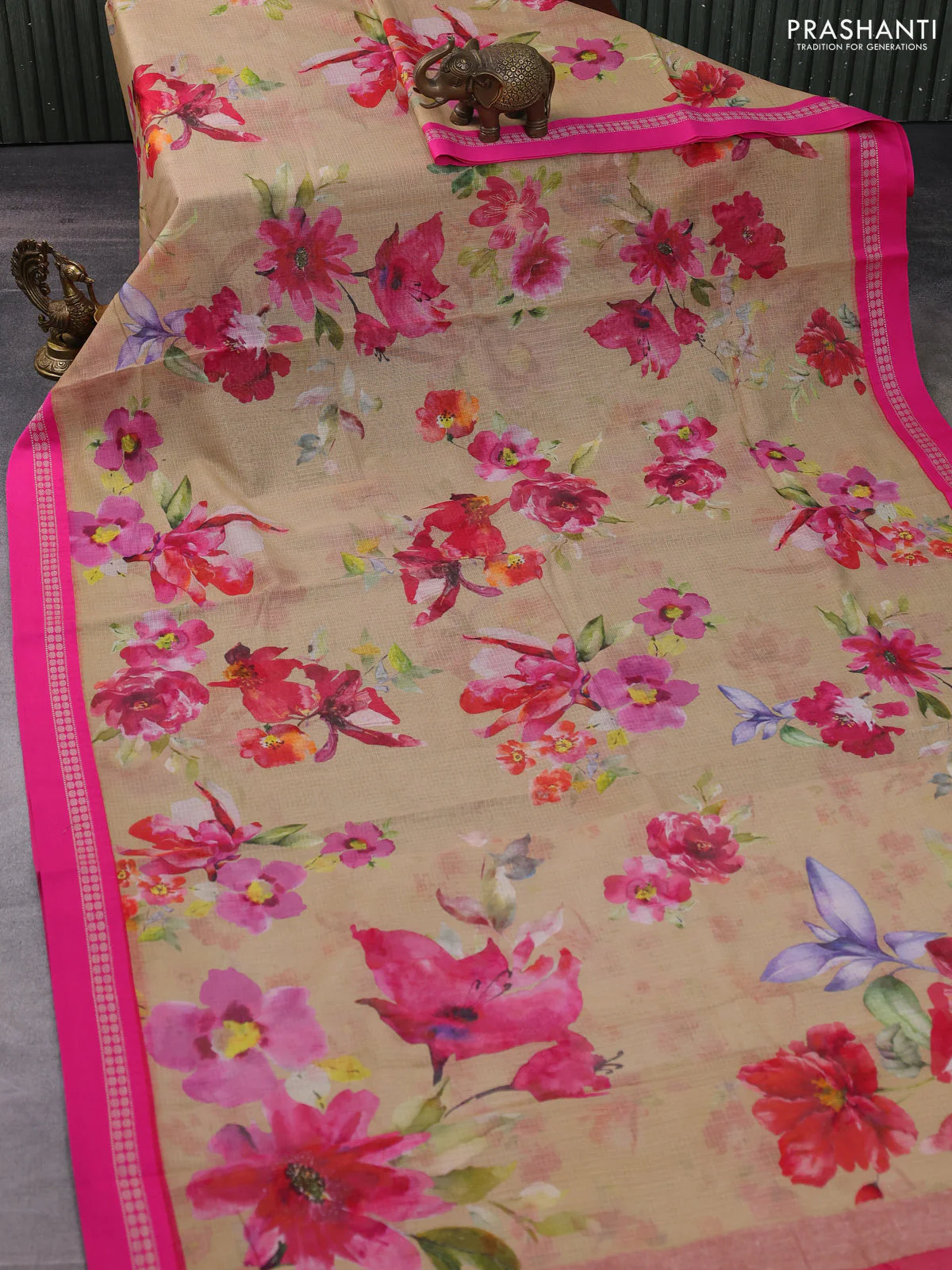 Kota silk cotton saree sandal and pink with allover floral digital prints and thread woven border - Image 2