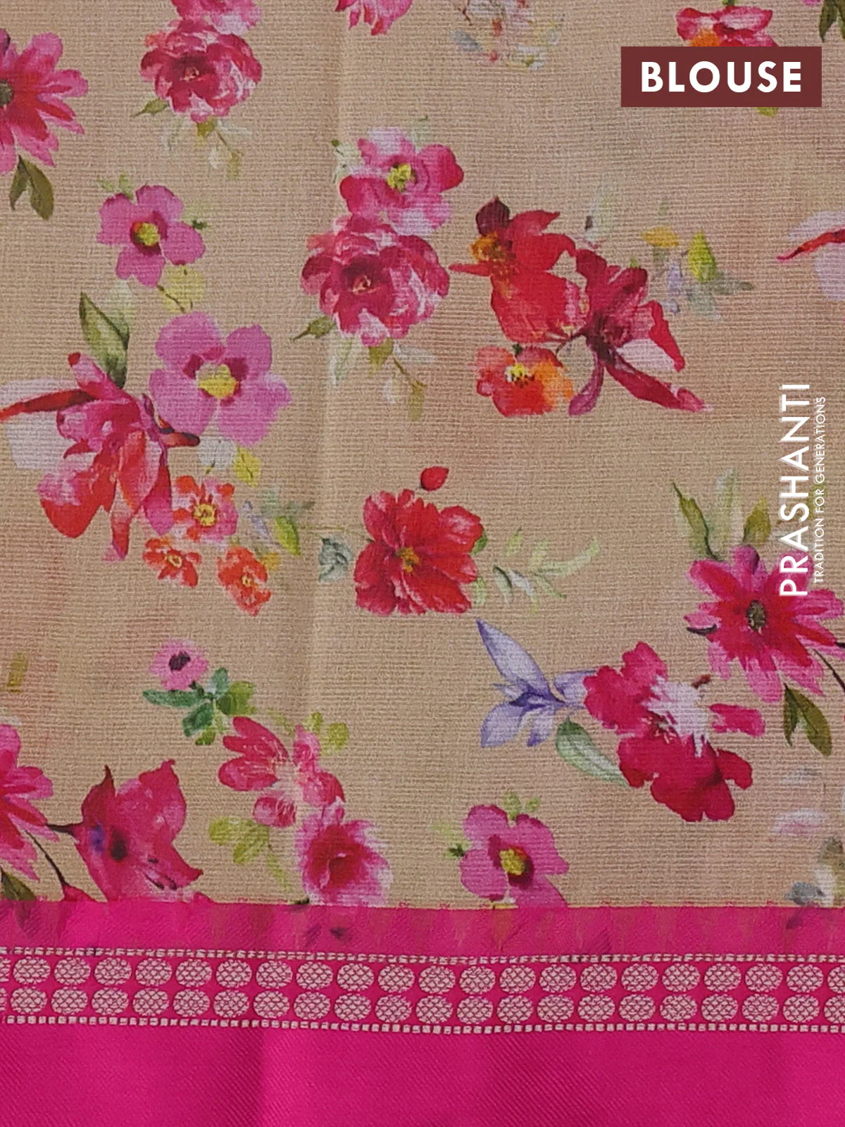 Kota silk cotton saree sandal and pink with allover floral digital prints and thread woven border - Image 3