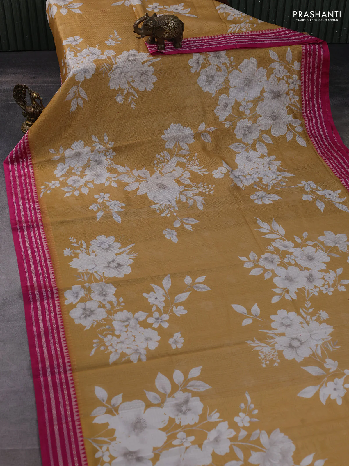 Kota silk cotton saree sandal and pink with allover floral digital prints and thread woven border - Image 2