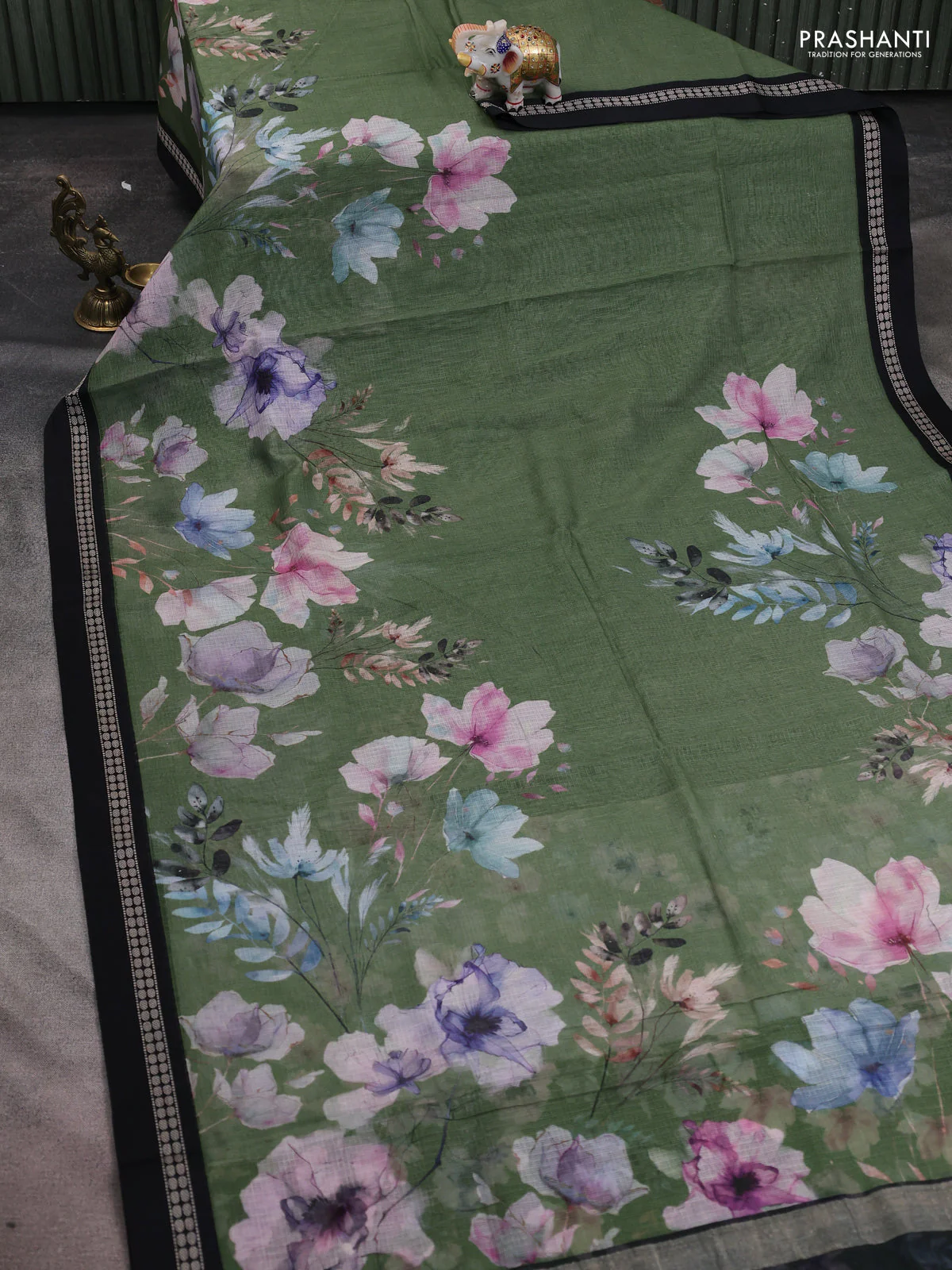 Kota silk cotton saree sap green and black with allover floral digital prints and thread woven border - Image 2