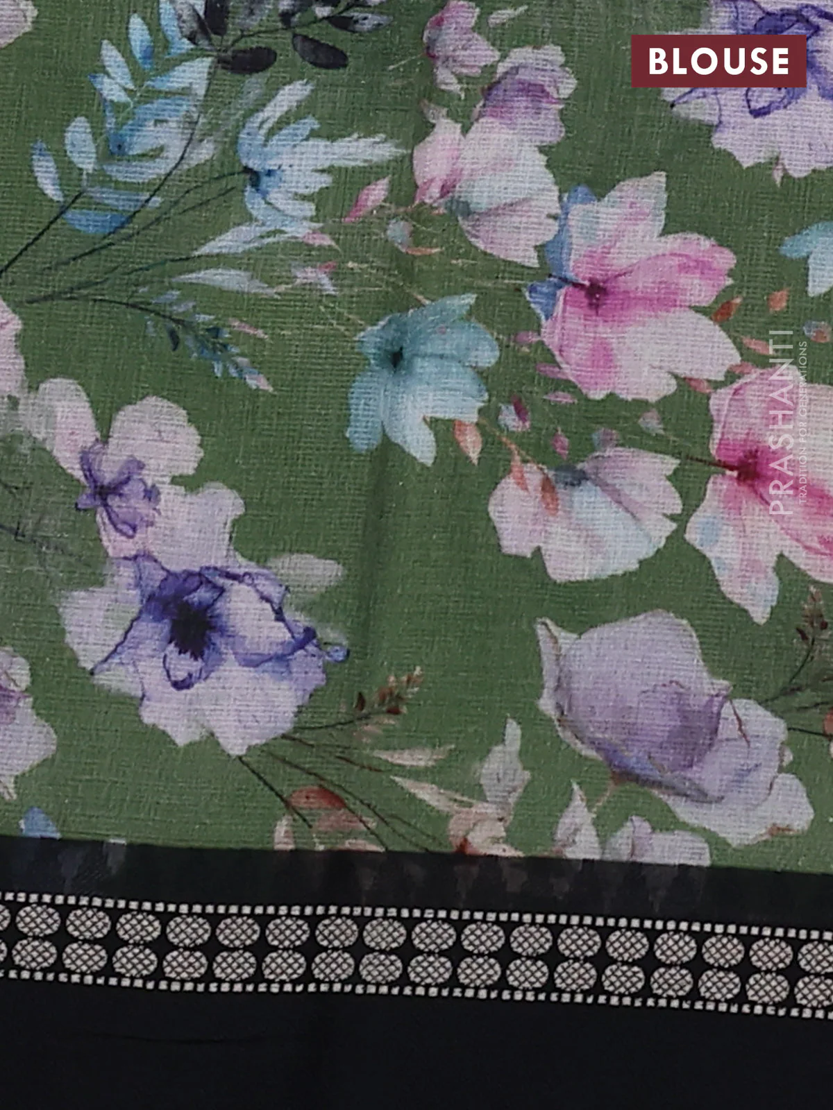 Kota silk cotton saree sap green and black with allover floral digital prints and thread woven border - Image 3