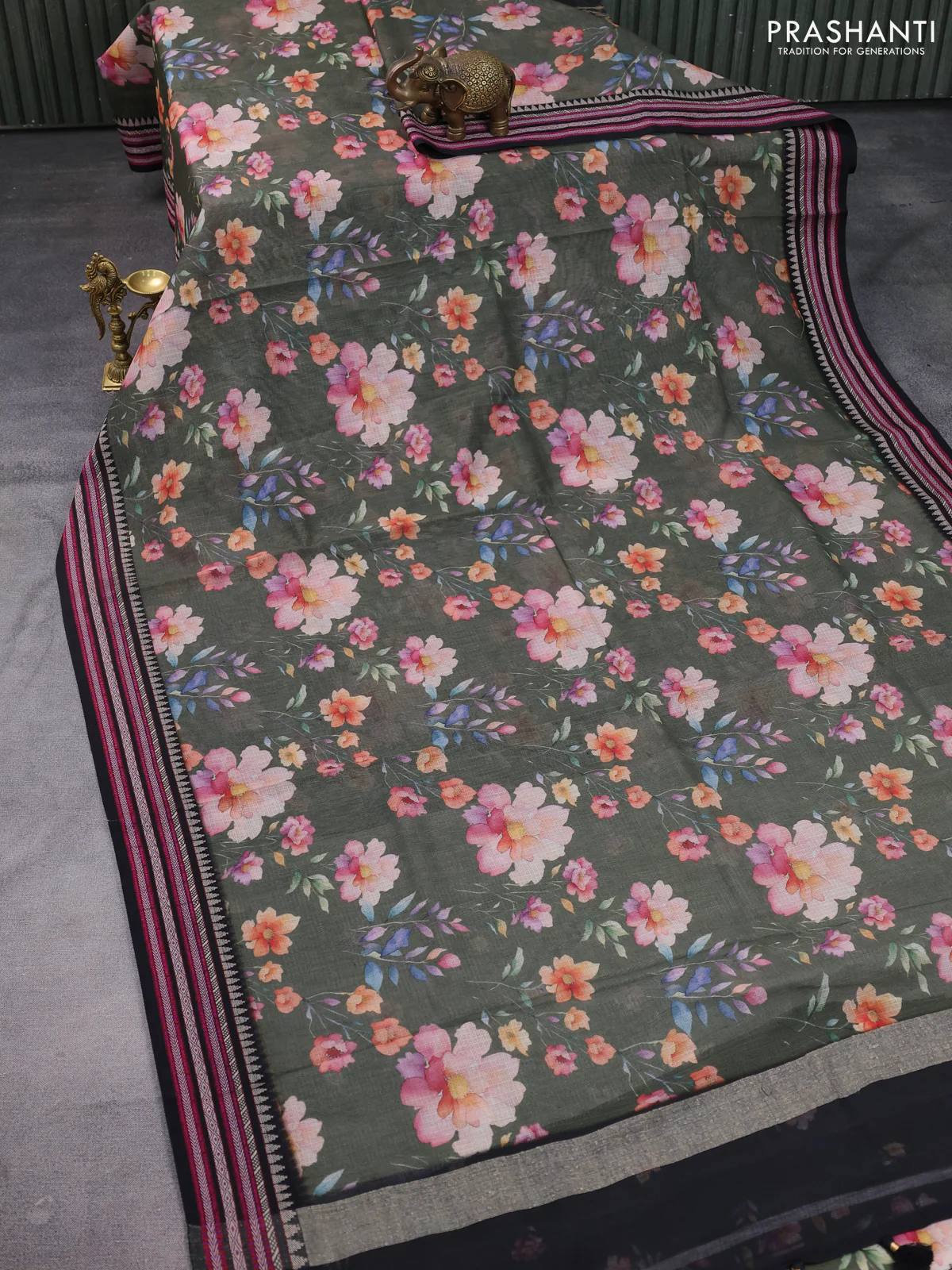 Kota silk cotton saree sap green and black with allover floral digital prints and woven border - Image 2