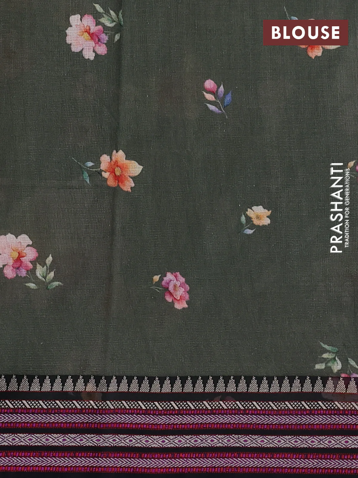 Kota silk cotton saree sap green and black with allover floral digital prints and woven border - Image 3