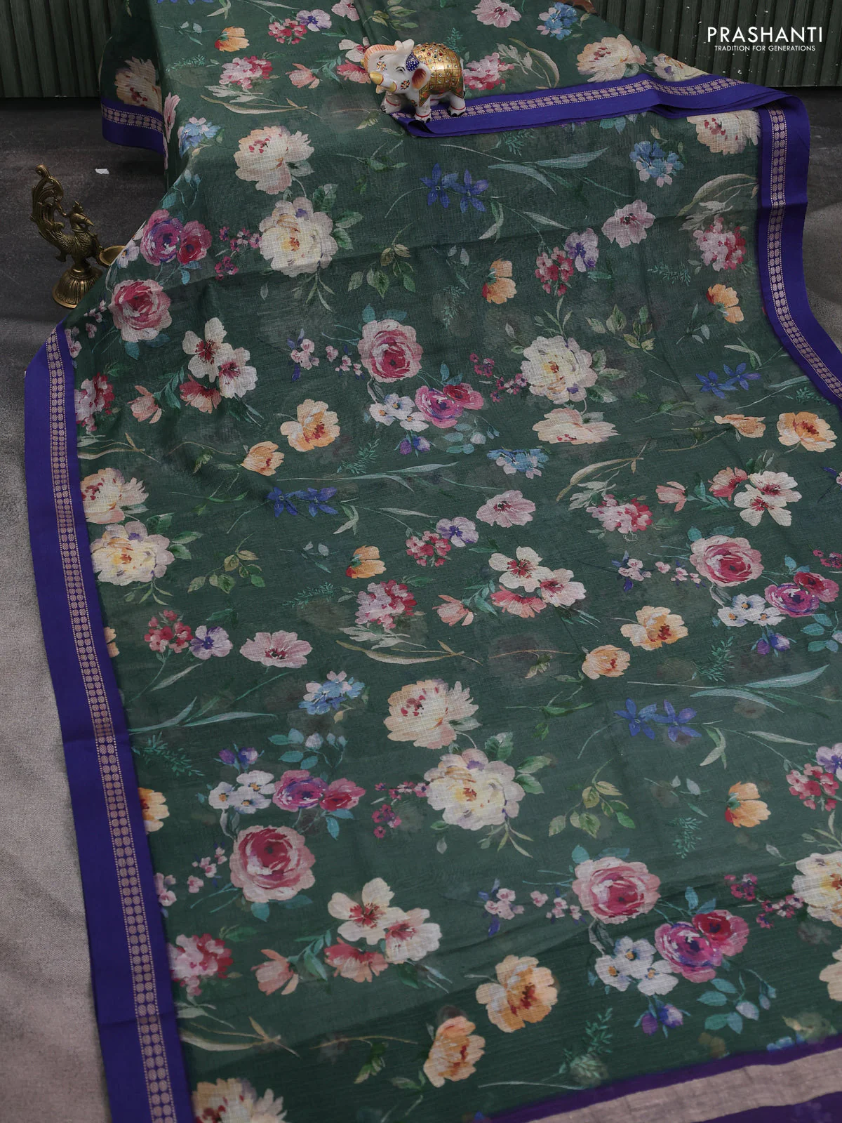Kota silk cotton saree sap green and blue with allover floral digital prints and thread woven border - Image 2