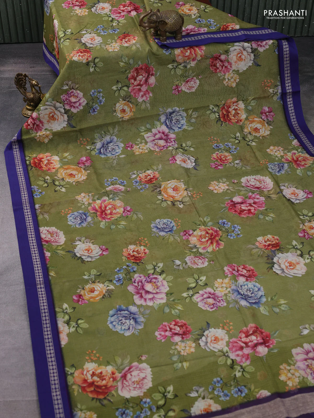 Kota silk cotton saree sap green and blue with allover floral digital prints and thread woven border - Image 2