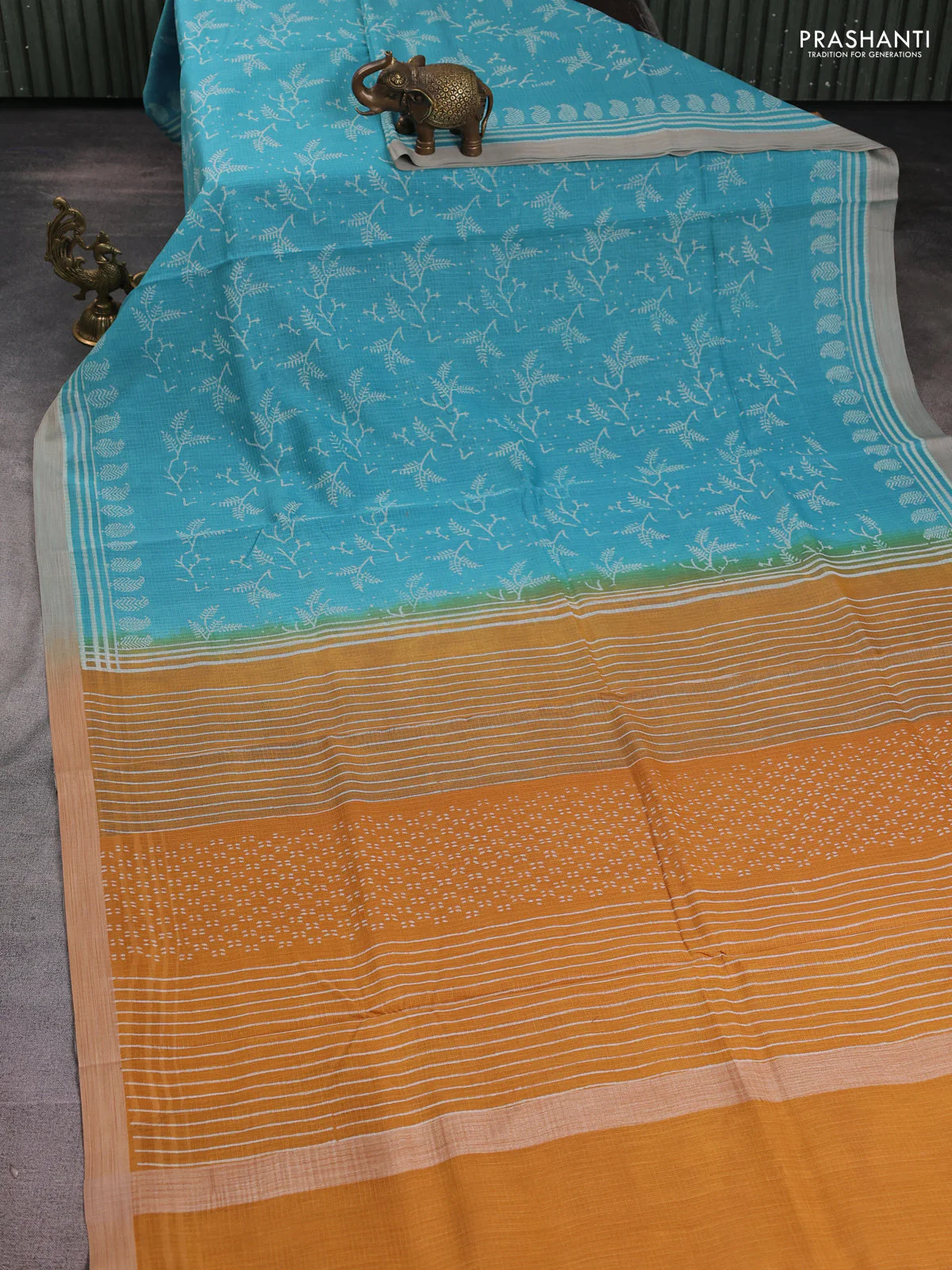 Kota silk cotton saree teal blue and dark mustard with allover block prints and simple border - Image 2