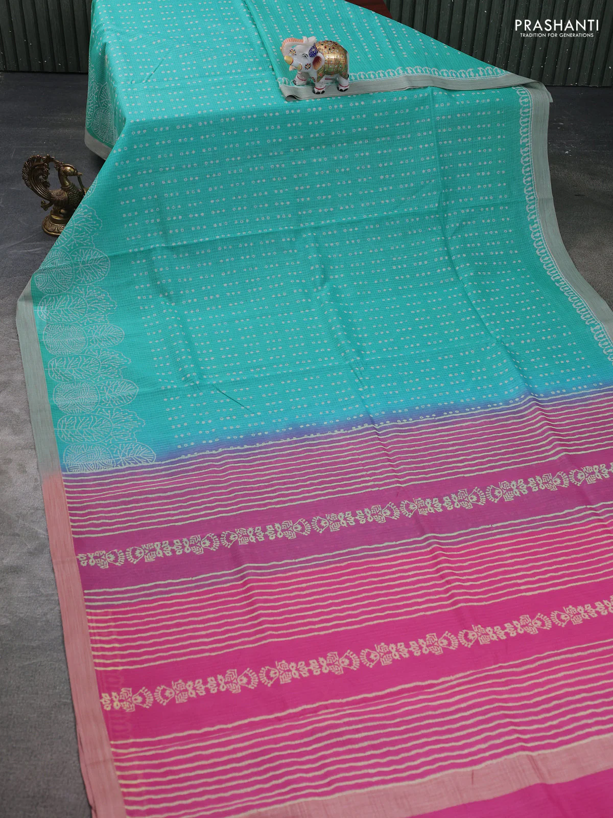 Kota silk cotton saree teal blue and light pink with allover block prints and printed border - Image 2