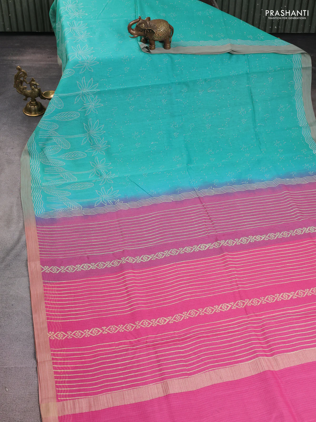 Kota silk cotton saree teal blue and light pink with allover block prints and simple border - Image 2