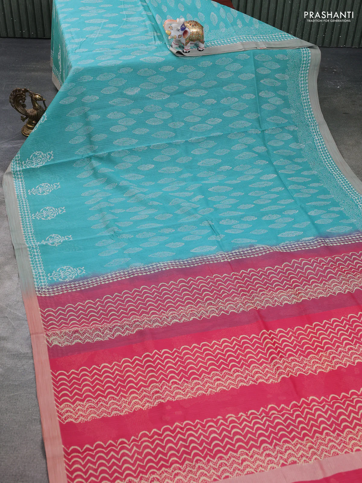 Kota silk cotton saree teal blue and mavue pink with block prints and long printed border - Image 2