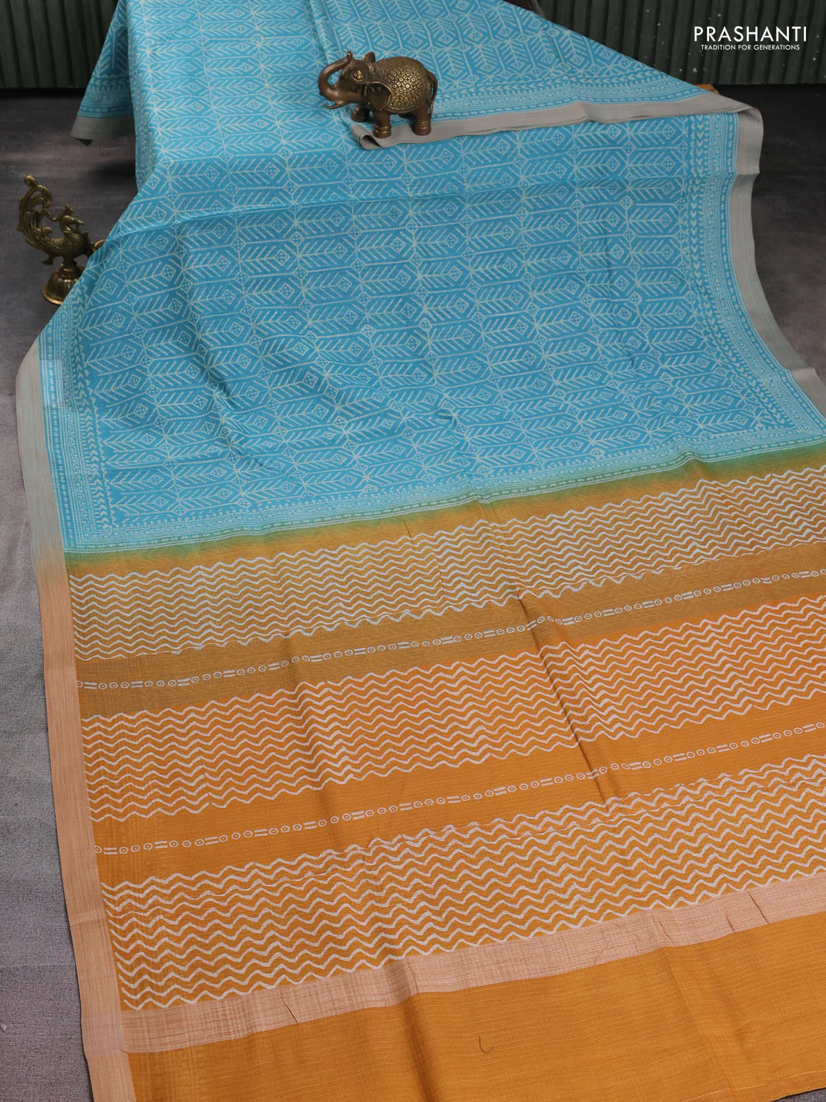Kota silk cotton saree teal blue and mustard yellow with allover block prints and simple border - Image 2