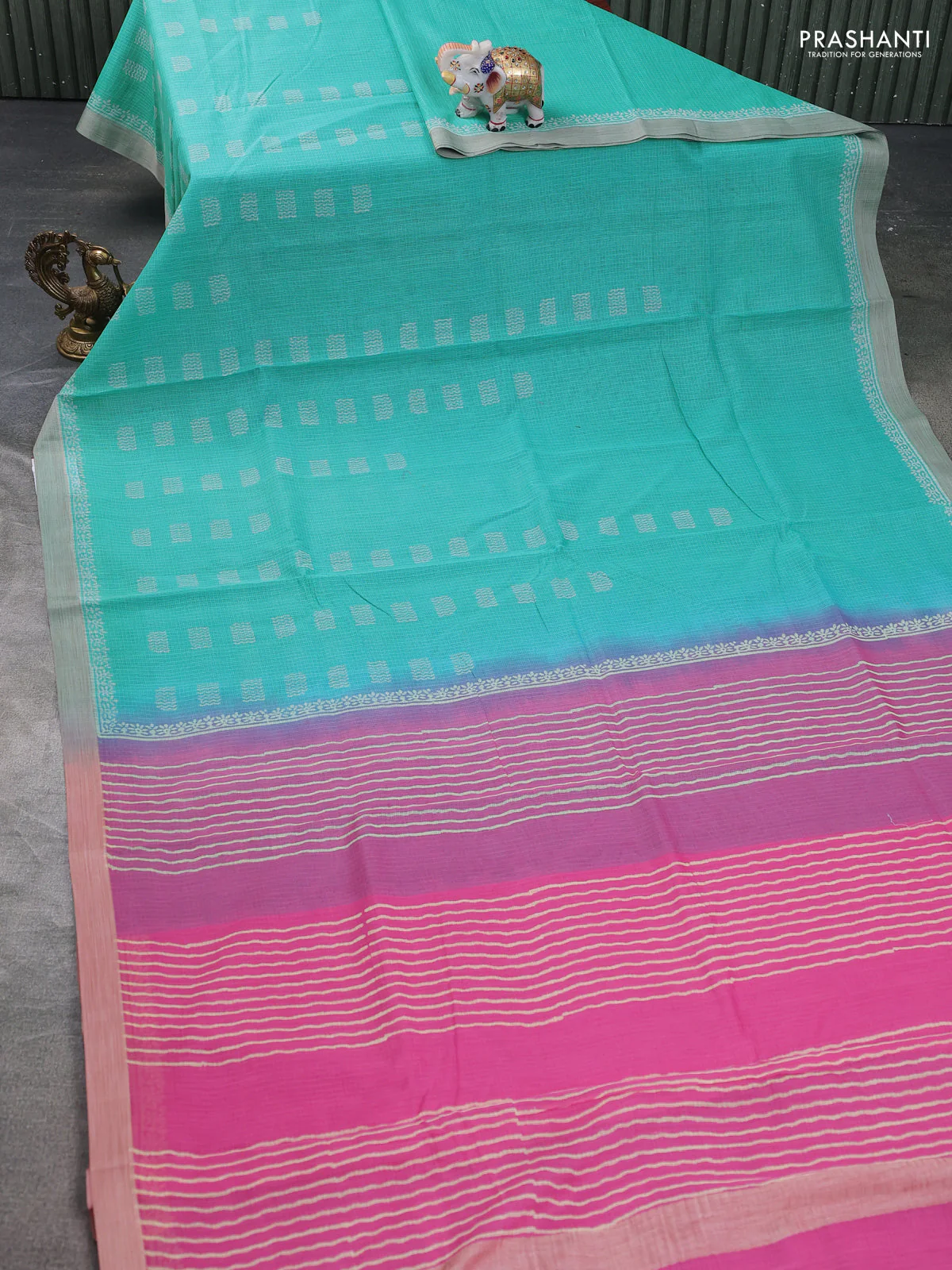 Kota silk cotton saree teal blue and pink with allover block prints and simple border - Image 2