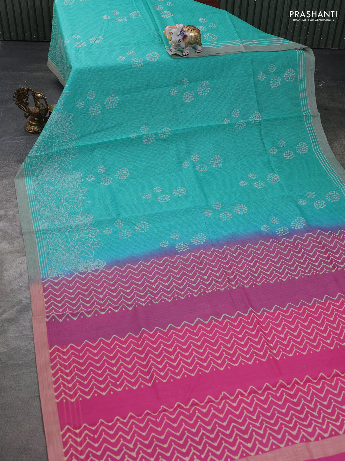 Kota silk cotton saree teal blue and pink with allover block prints and simple border - Image 2