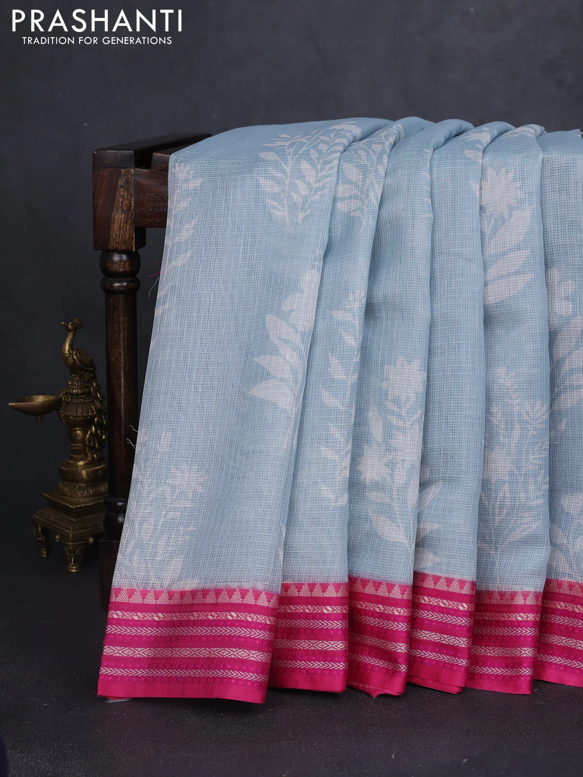 Kota silk cotton saree teal blue and pink with floarl digital prints and thread woven border