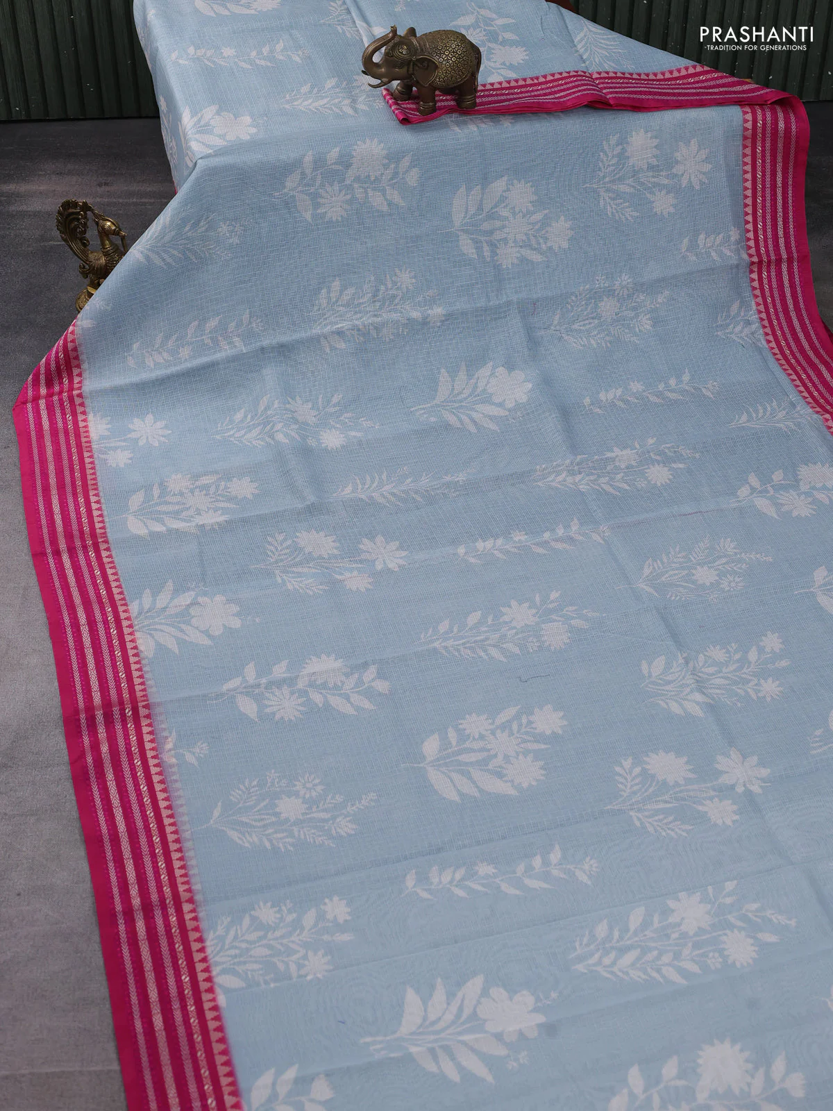 Kota silk cotton saree teal blue and pink with floarl digital prints and thread woven border - Image 2