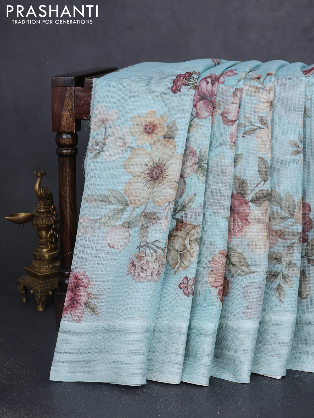 Kota silk cotton saree teal blue with allover floral digital prints and thread woven border