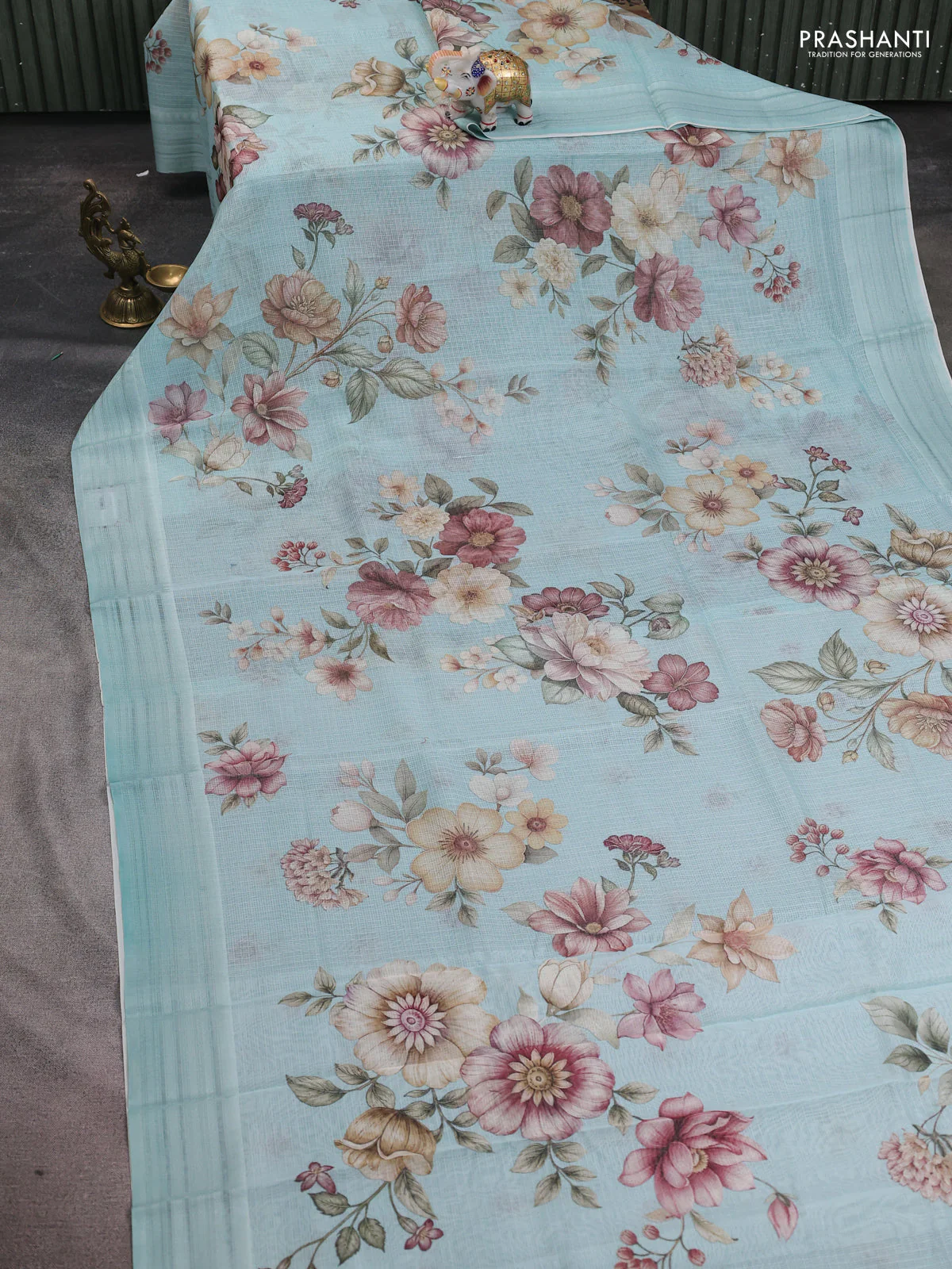 Kota silk cotton saree teal blue with allover floral digital prints and thread woven border - Image 2
