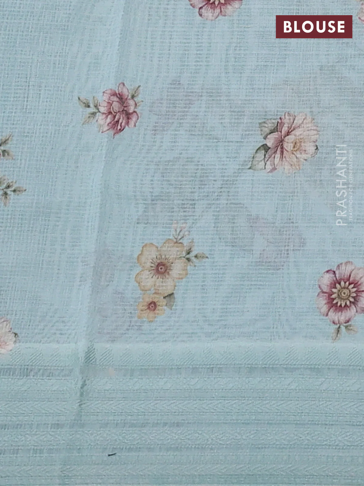 Kota silk cotton saree teal blue with allover floral digital prints and thread woven border - Image 3