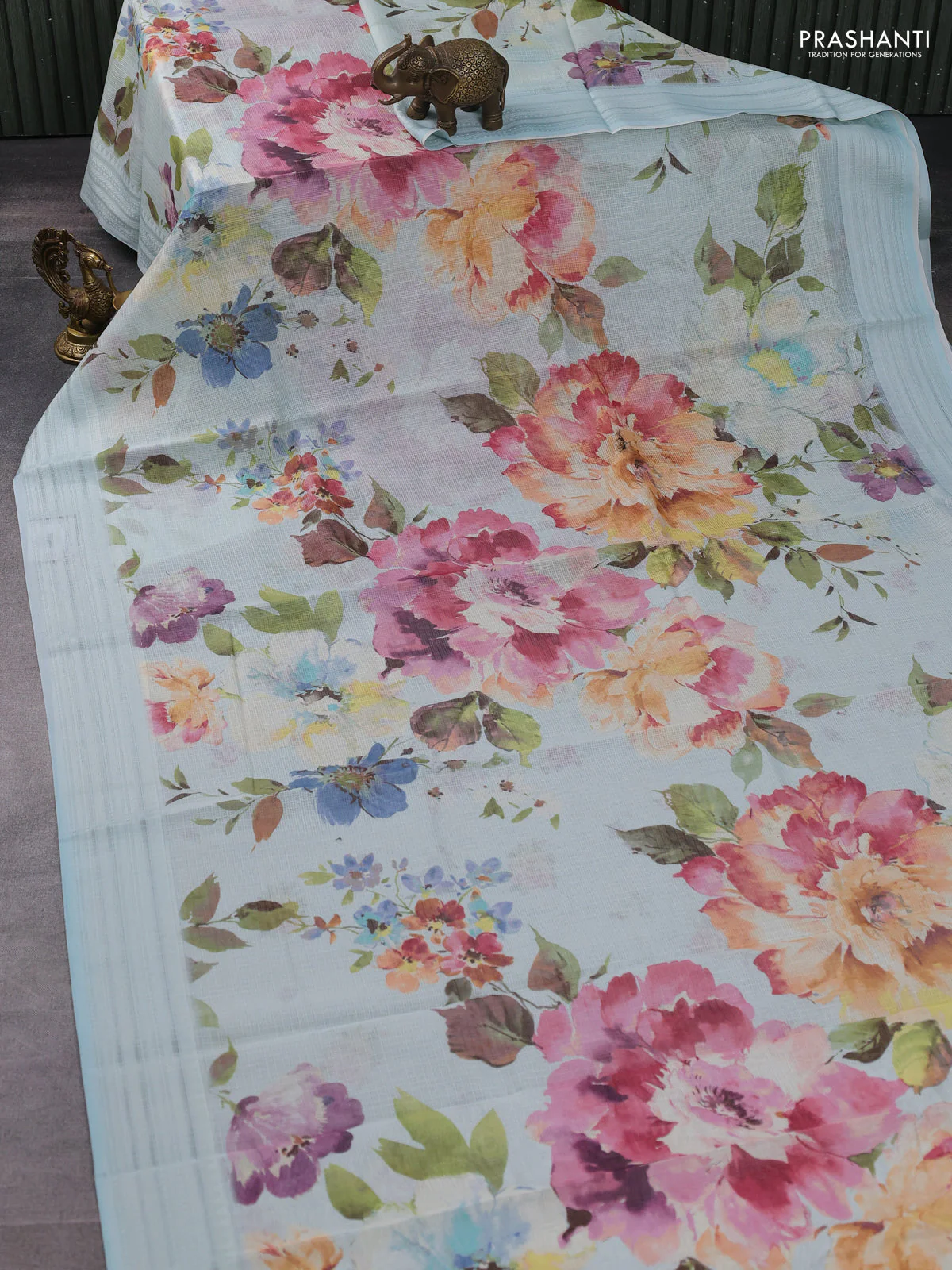 Kota silk cotton saree teal blue with floarl digital prints and thread woven border - Image 2