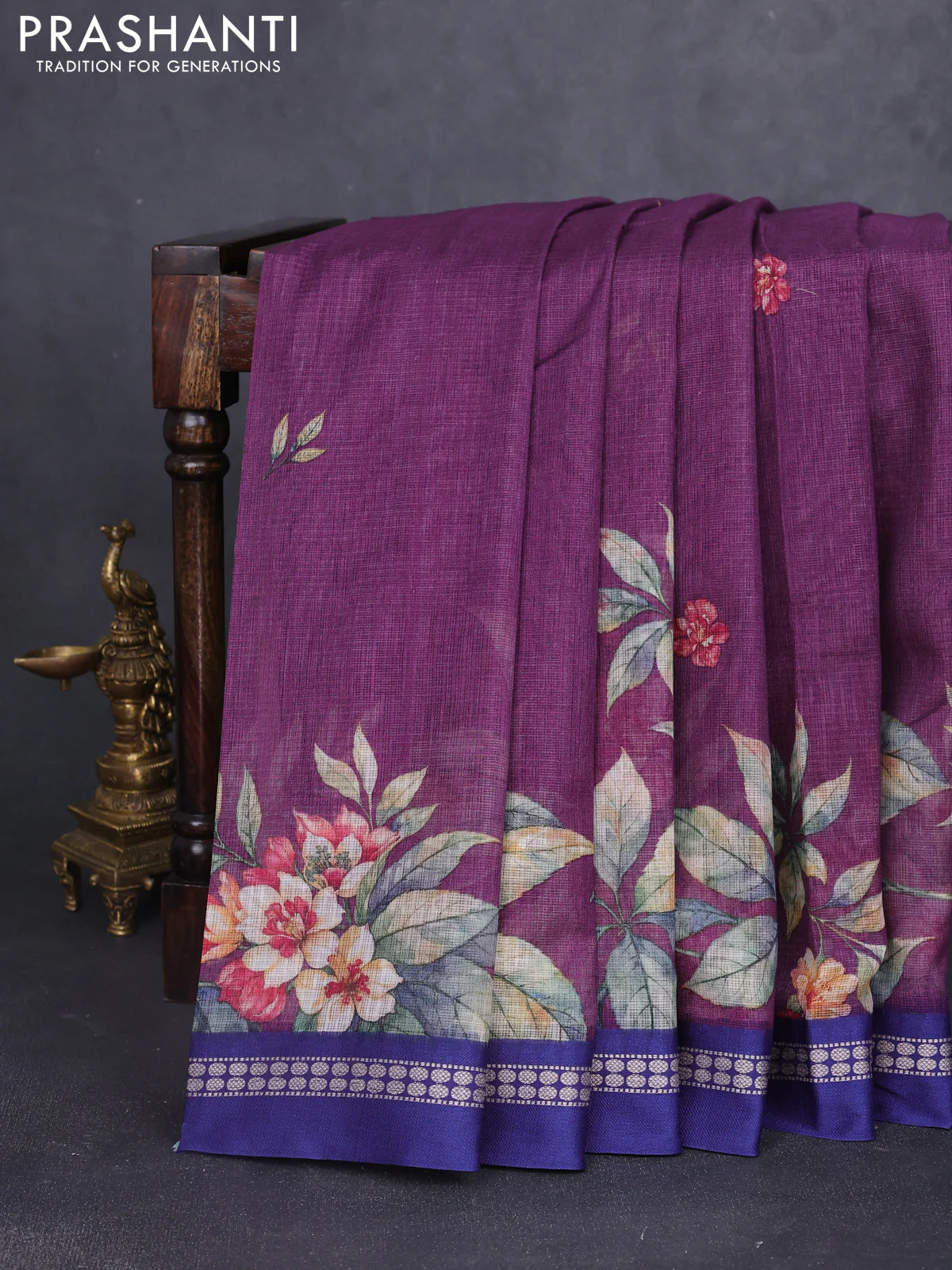 Kota silk cotton saree wine shade and blue with floral digital prints and thread woven border