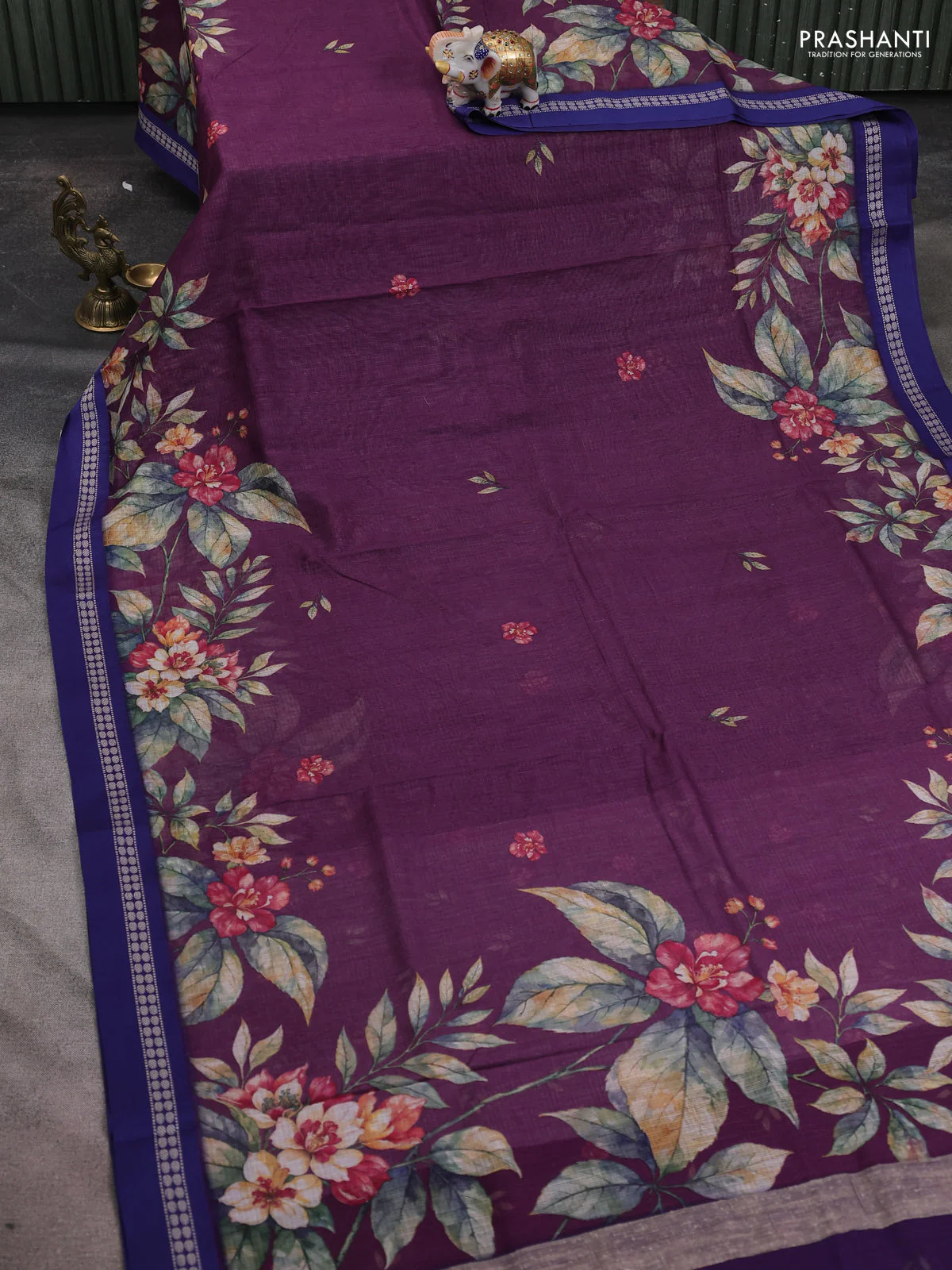 Kota silk cotton saree wine shade and blue with floral digital prints and thread woven border - Image 2