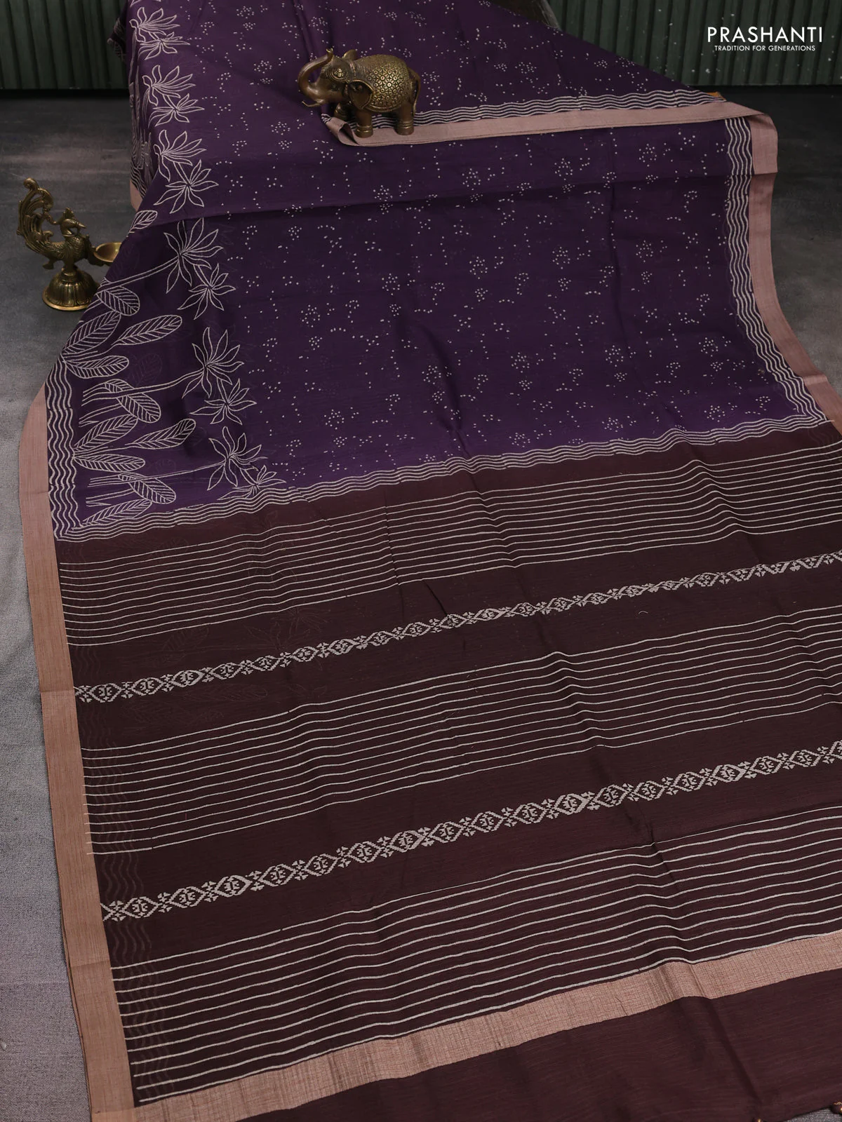 Kota silk cotton saree wine shade and brown with allover block prints and simple border - Image 2