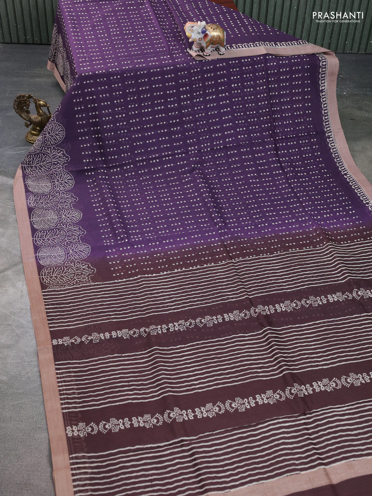 Kota silk cotton saree wine shade and brown with block prints and simple border - Image 2