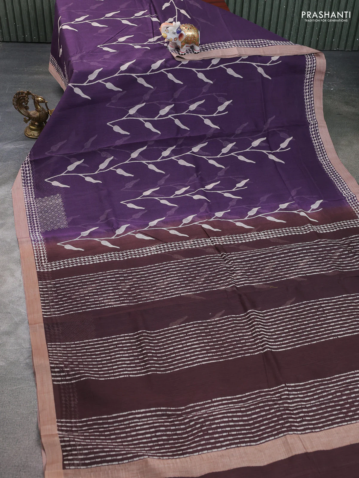 Kota silk cotton saree wine shade and coffee brown with allover block prints and simple border - Image 2