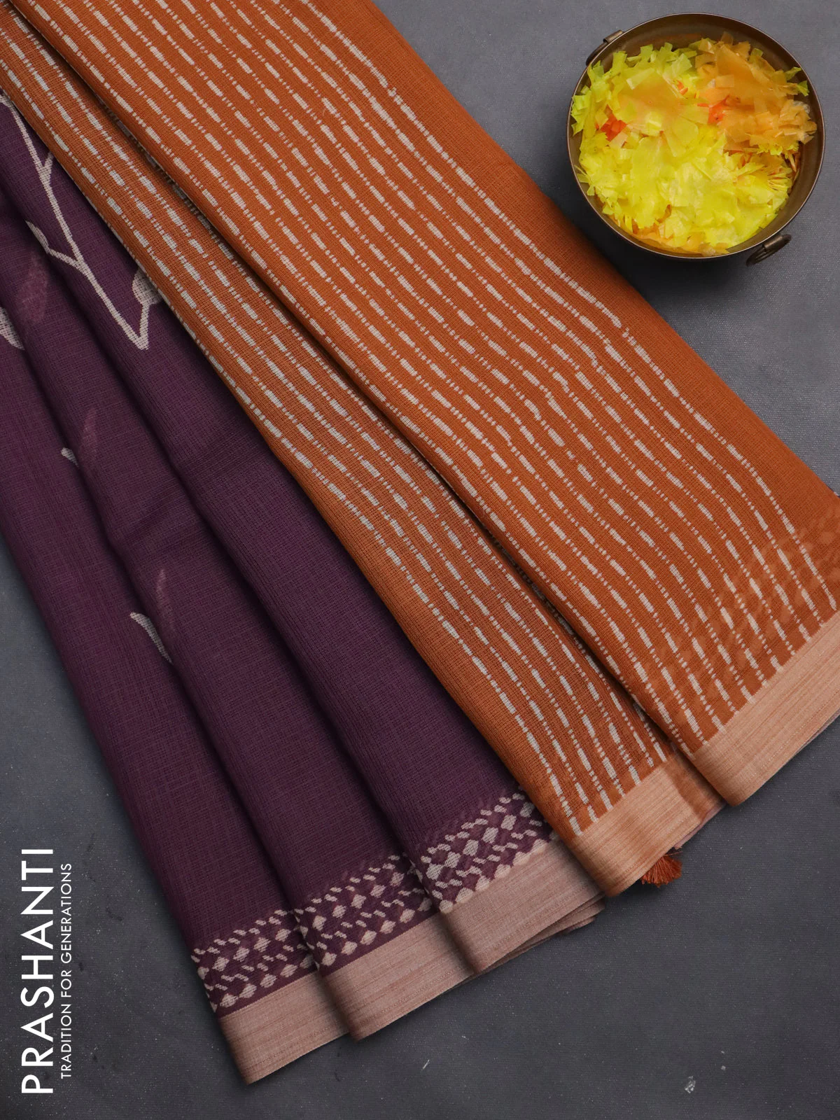 Kota silk cotton saree wine shade and rust shade with allover block prints and simple border