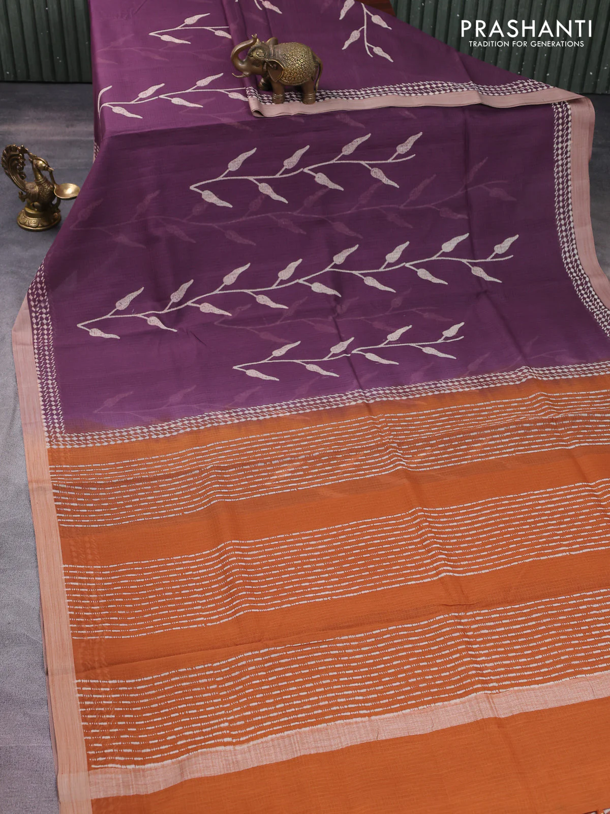 Kota silk cotton saree wine shade and rust shade with allover block prints and simple border - Image 2