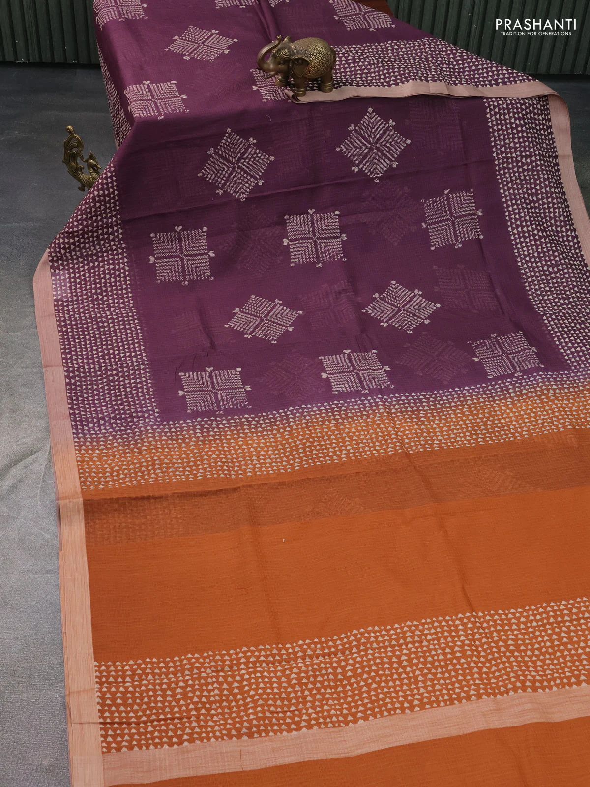 Kota silk cotton saree wine shade and rust shade with butta block prints and printed border - Image 2