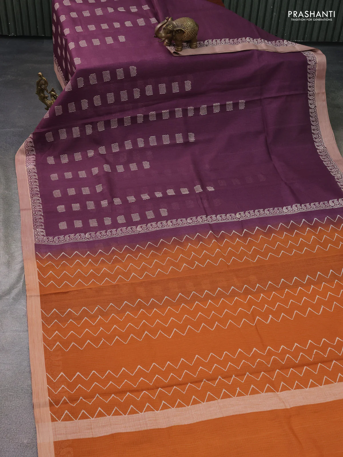 Kota silk cotton saree wine shade and rust shade with butta block prints and printed border - Image 2