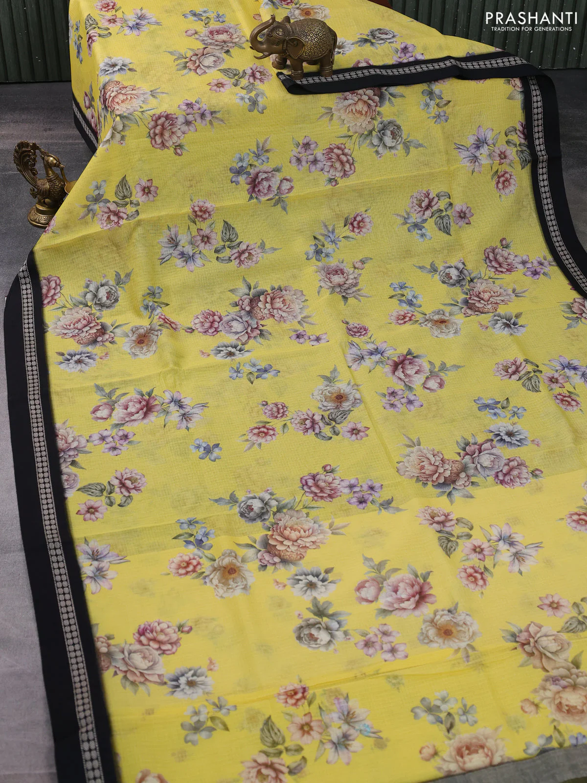 Kota silk cotton saree yellow and black with allover floral digital prints and thread woven border - Image 2