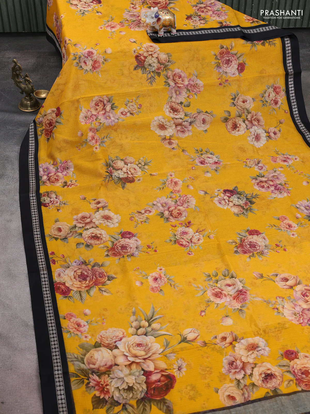 Kota silk cotton saree yellow and black with allover floral digital prints and thread woven border - Image 2