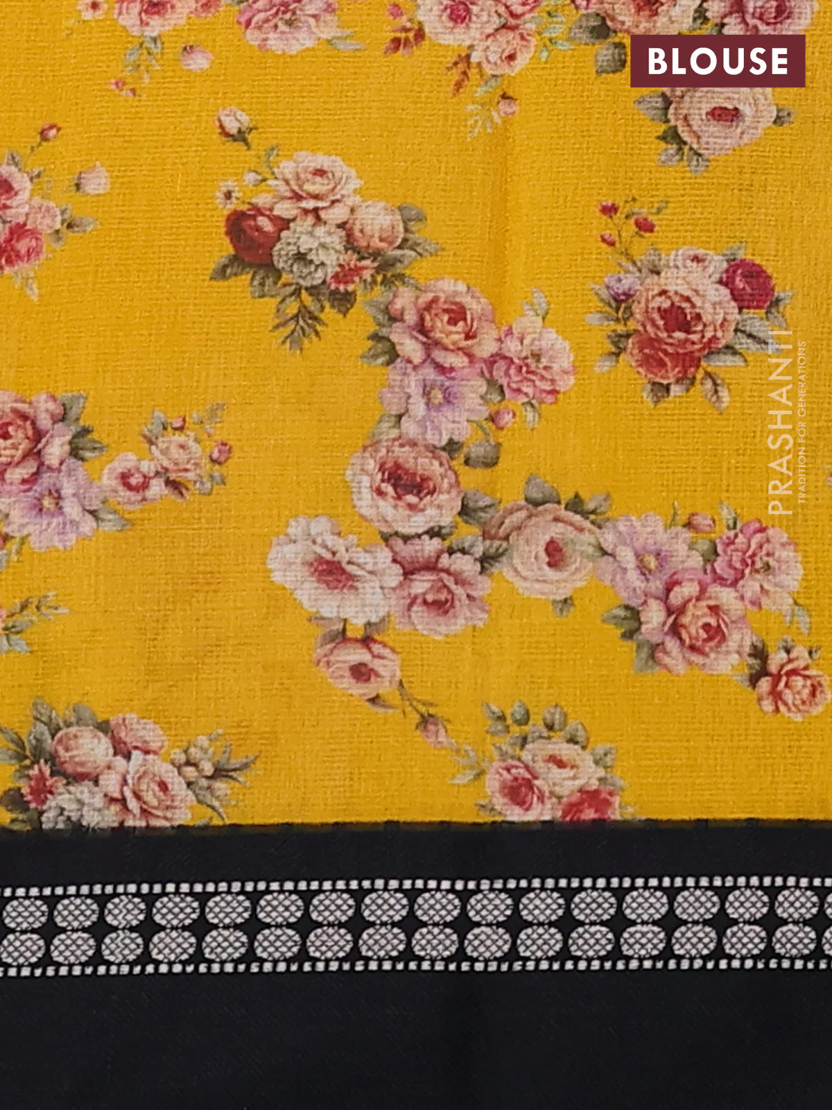 Kota silk cotton saree yellow and black with allover floral digital prints and thread woven border - Image 3