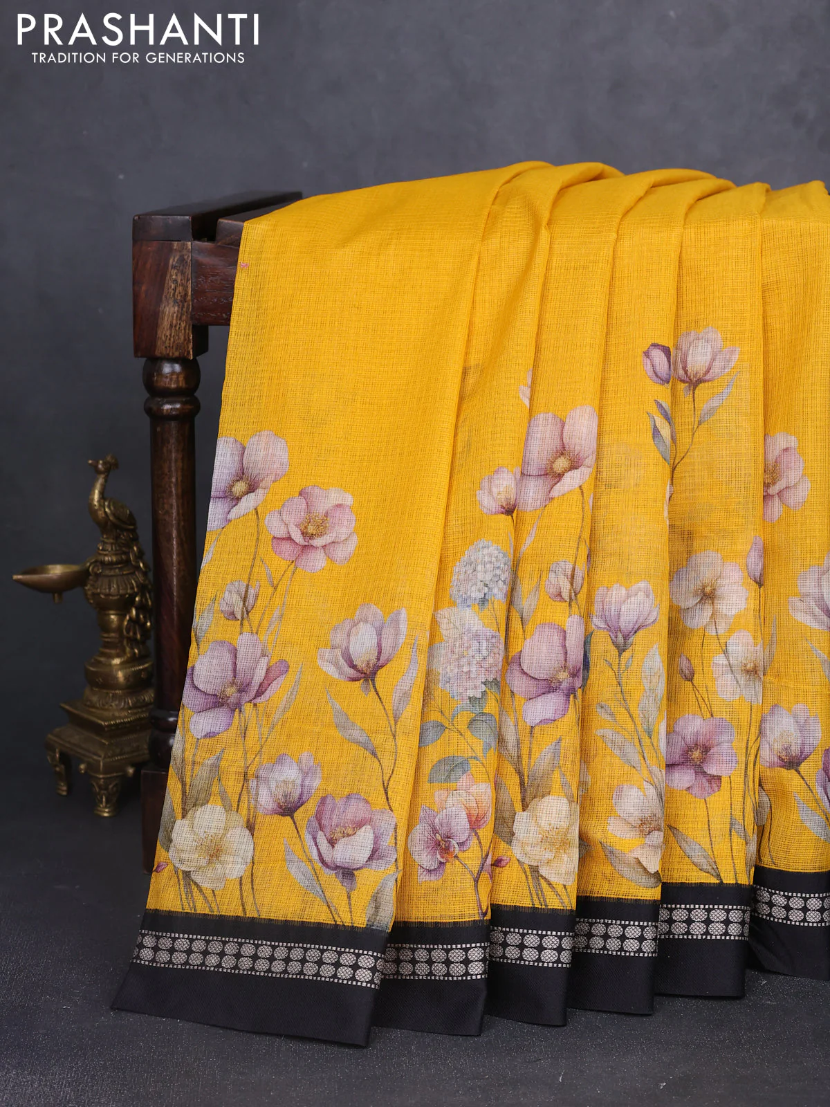 Kota silk cotton saree yellow and black with floral digital prints and thread woven border
