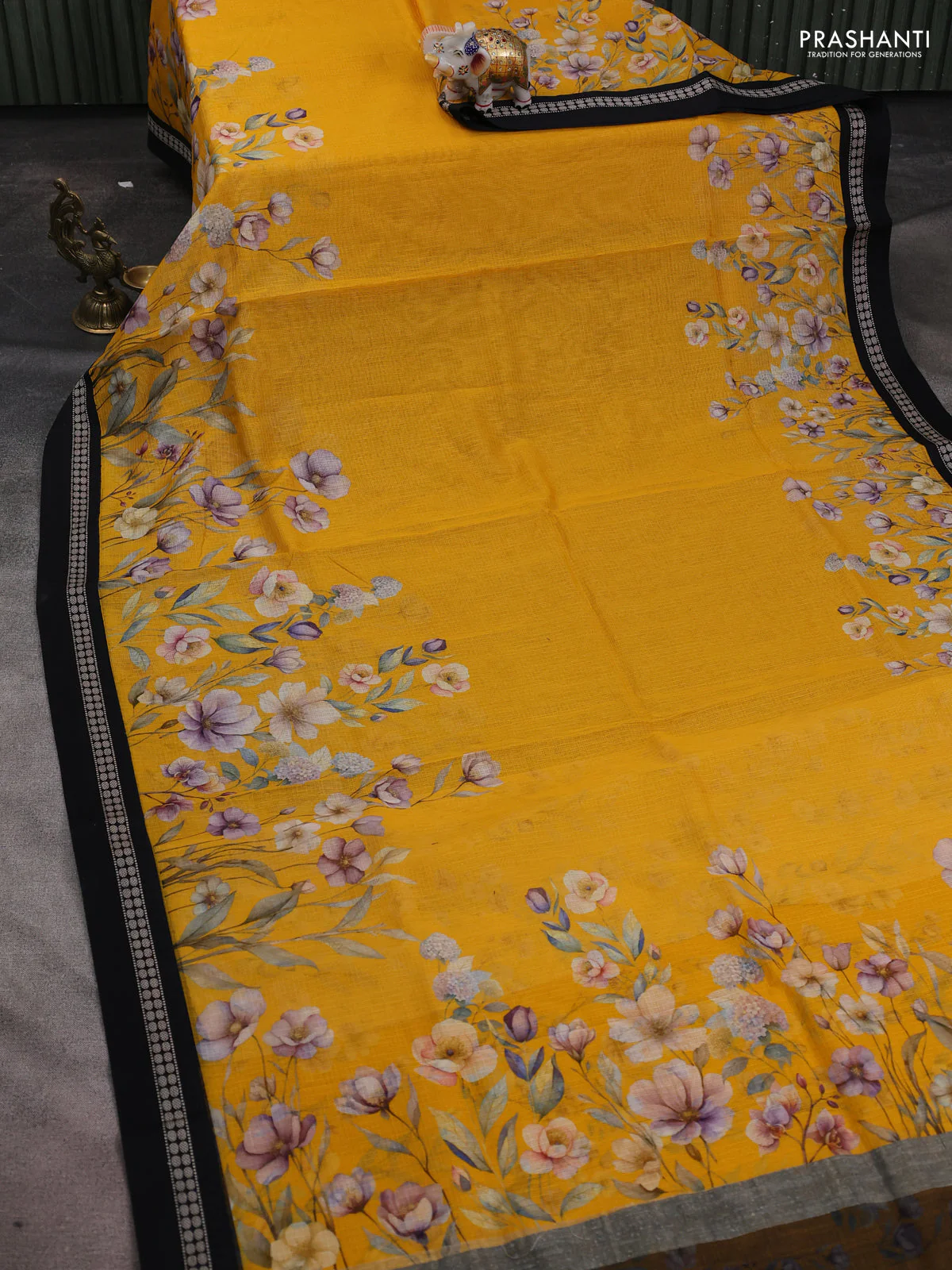 Kota silk cotton saree yellow and black with floral digital prints and thread woven border - Image 2