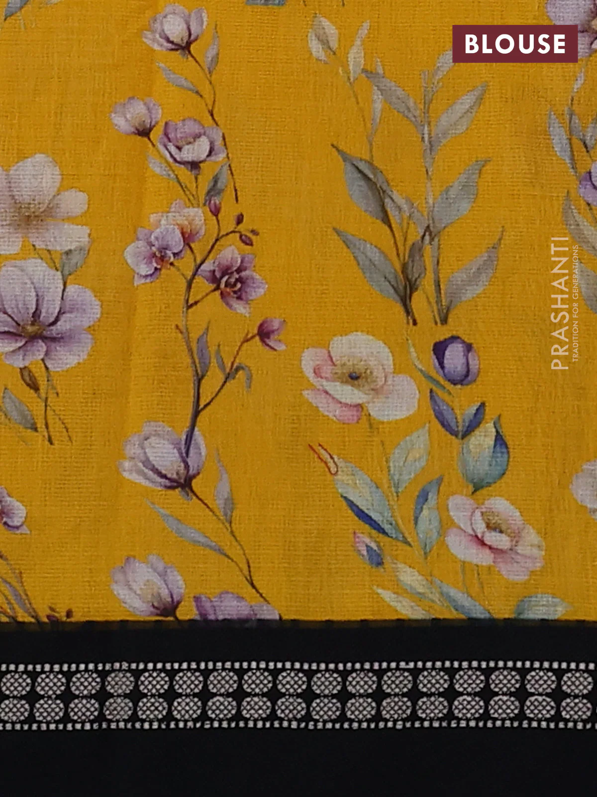 Kota silk cotton saree yellow and black with floral digital prints and thread woven border - Image 3